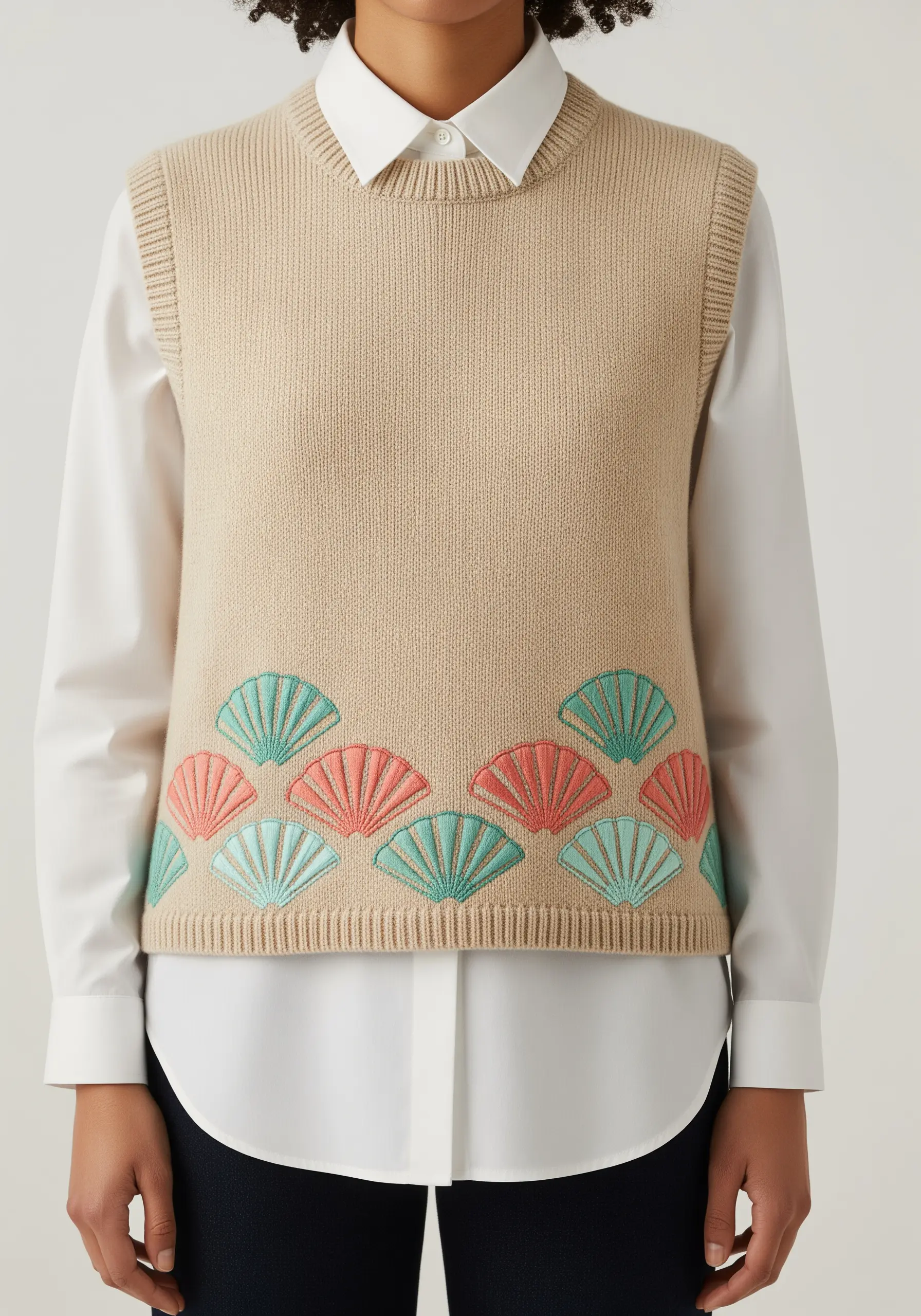 A repeating pattern of pink and teal Art Deco seashells along the hem of a beige sweater vest.