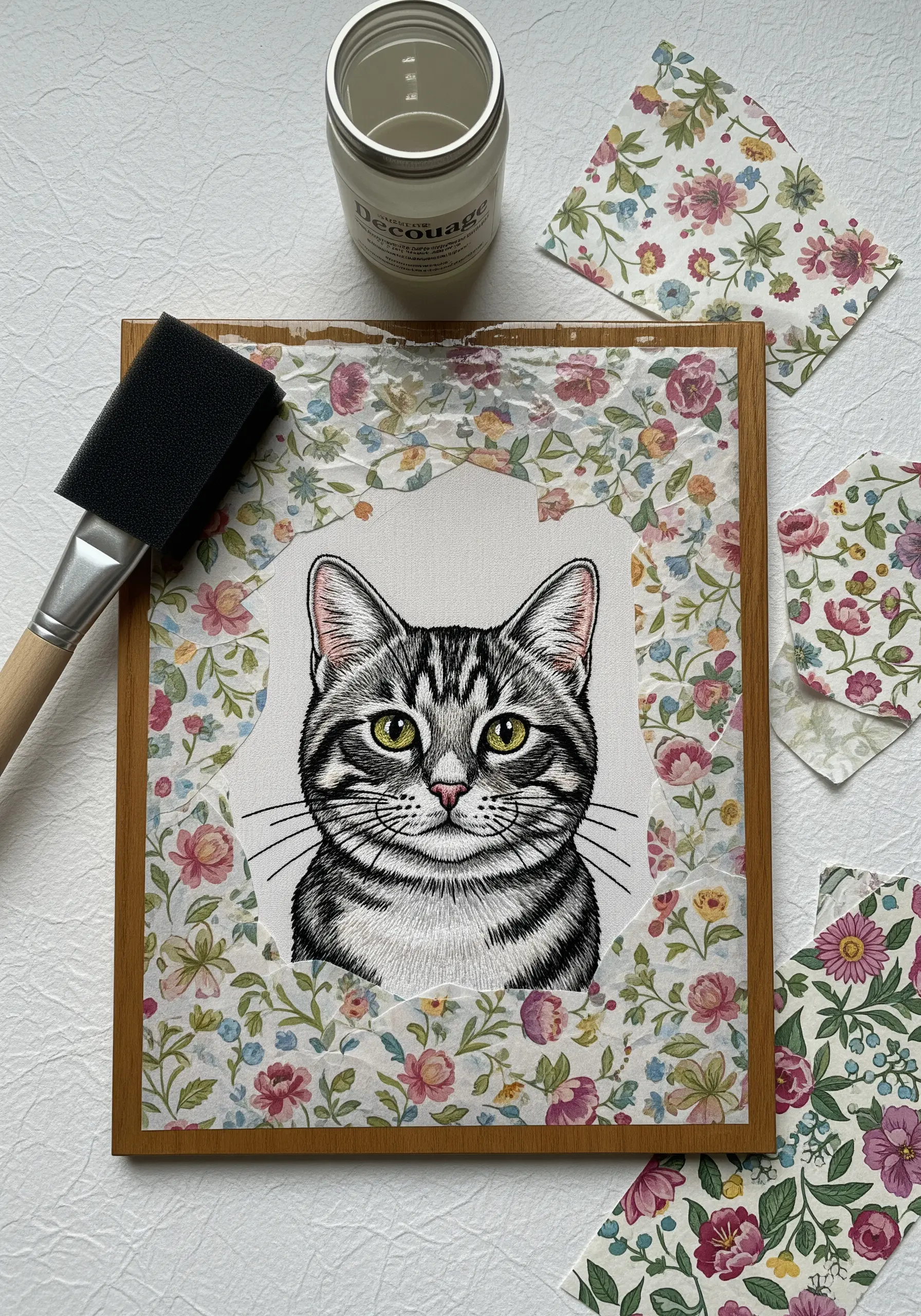 An embroidered cat portrait on a wooden panel, framed with floral decoupage paper.