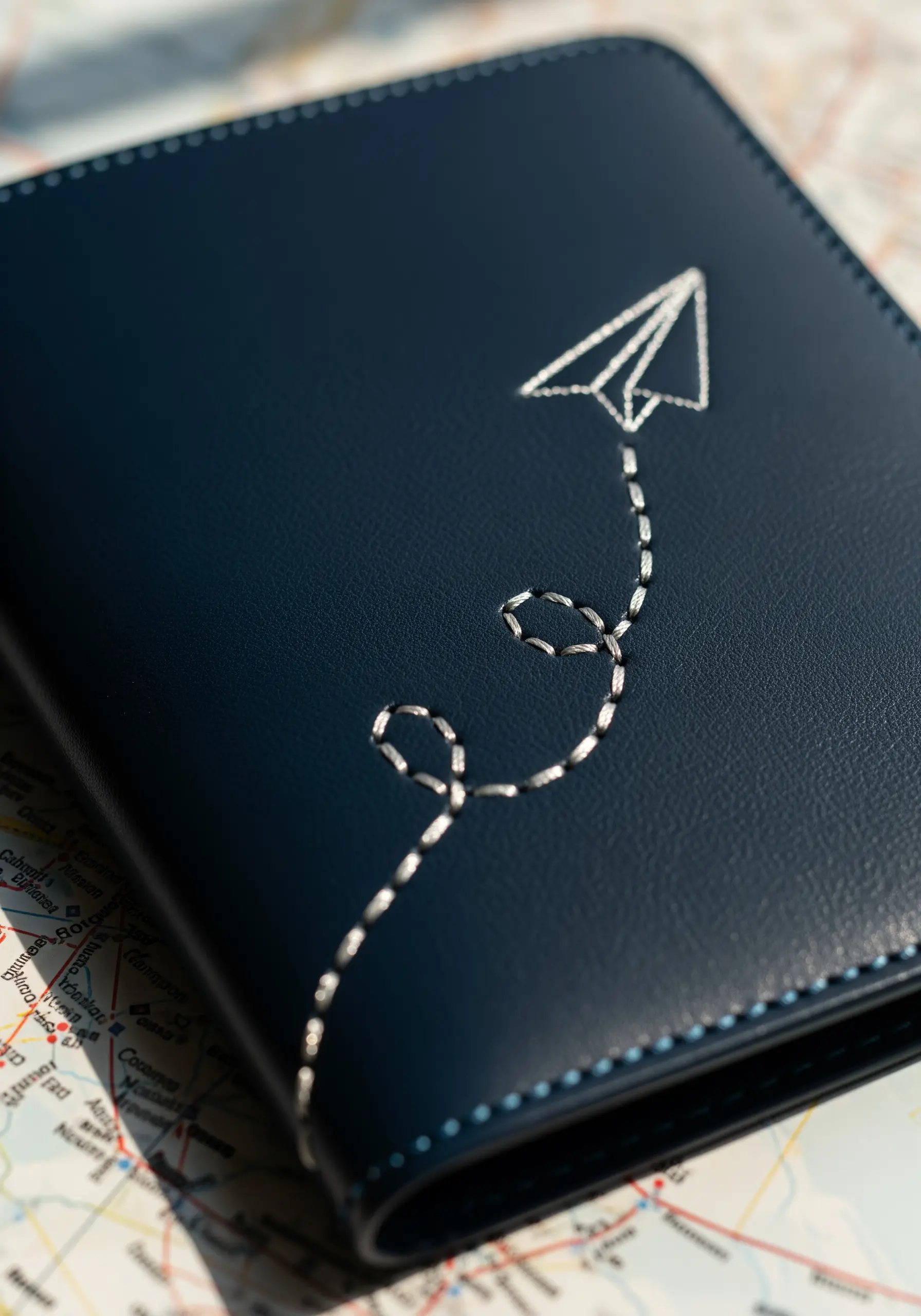 A paper airplane stitched in silver thread on a navy passport cover, with a dashed-line trail.