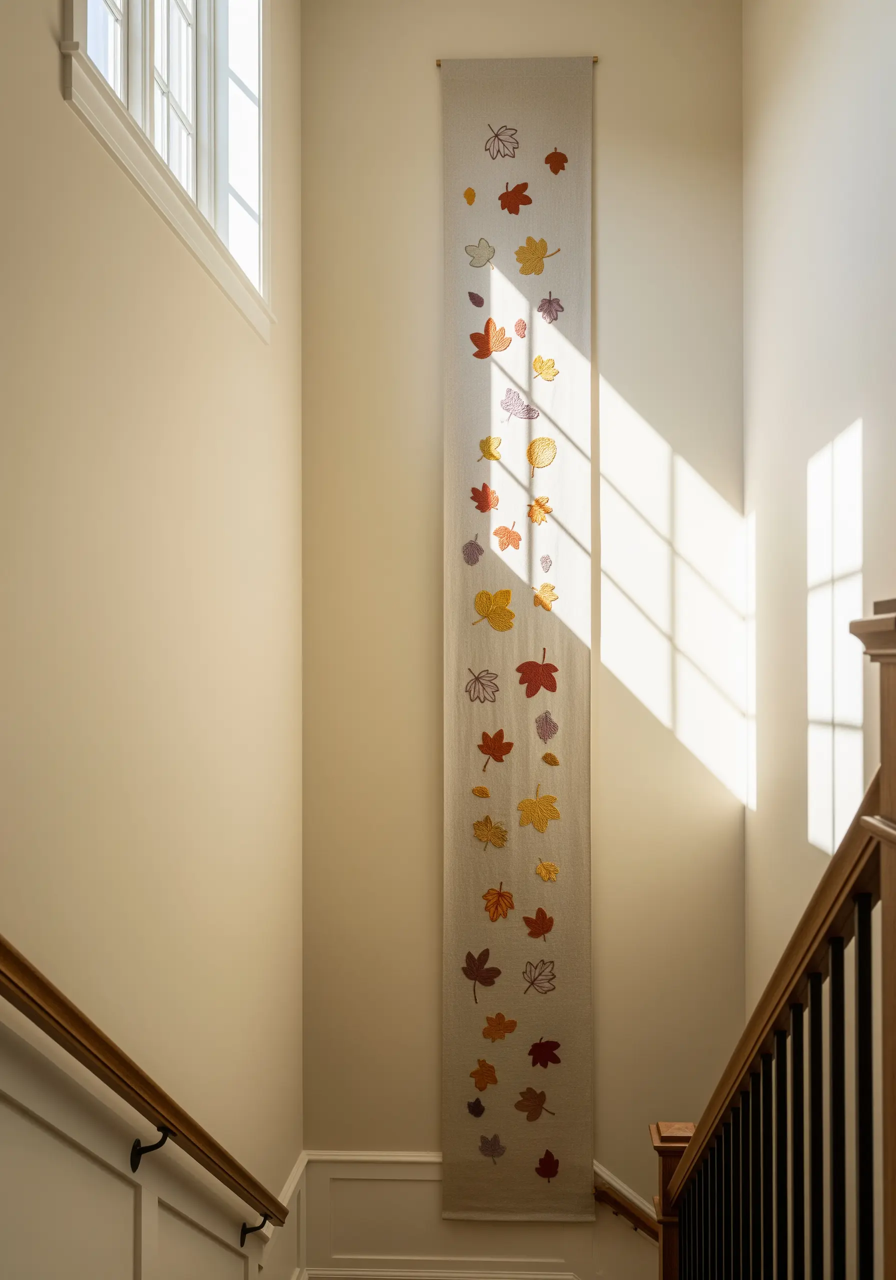 A long, vertical wall banner embroidered with scattered autumn leaves in warm colors.