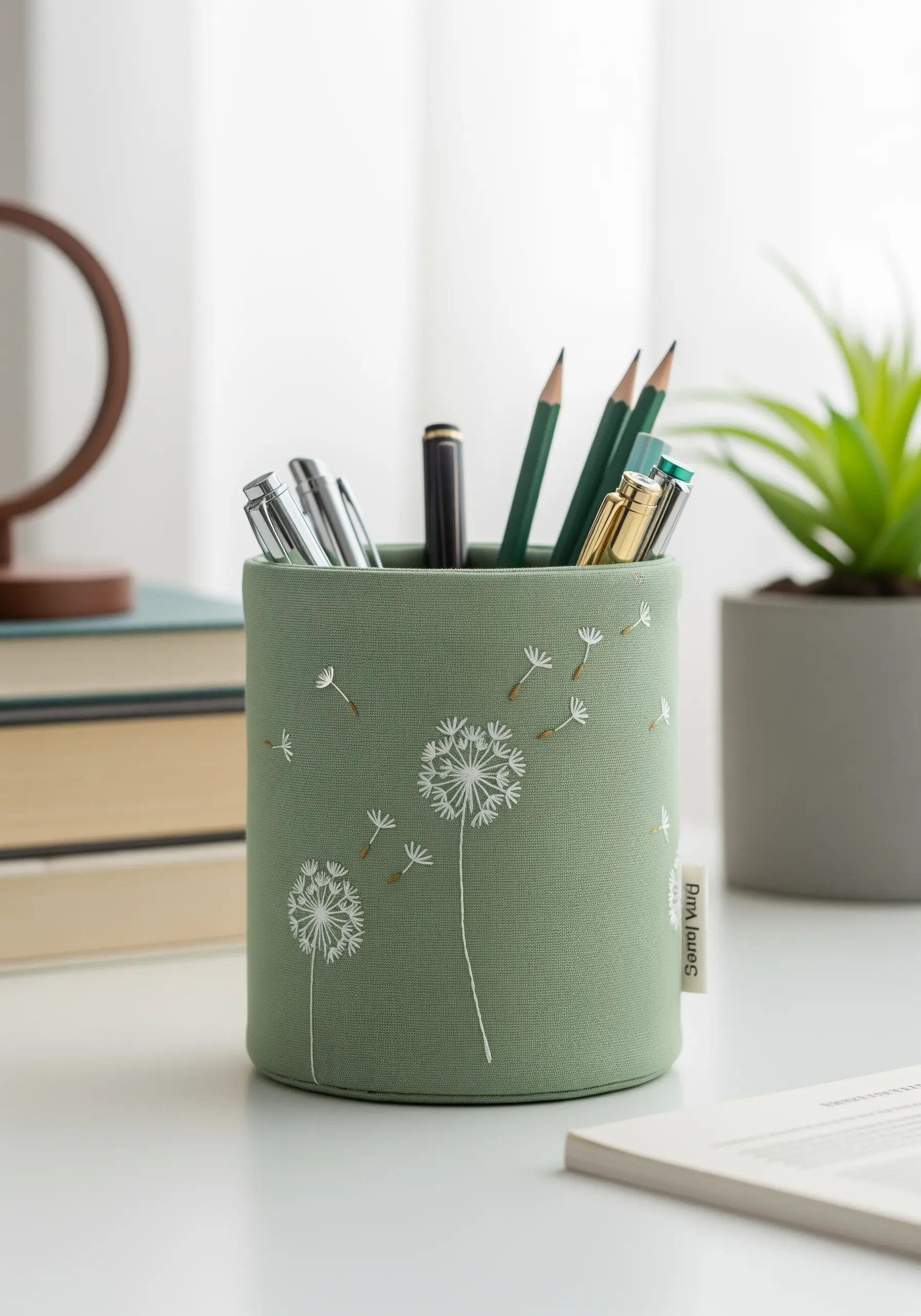 White dandelion clocks and seeds embroidered on a sage green pen holder