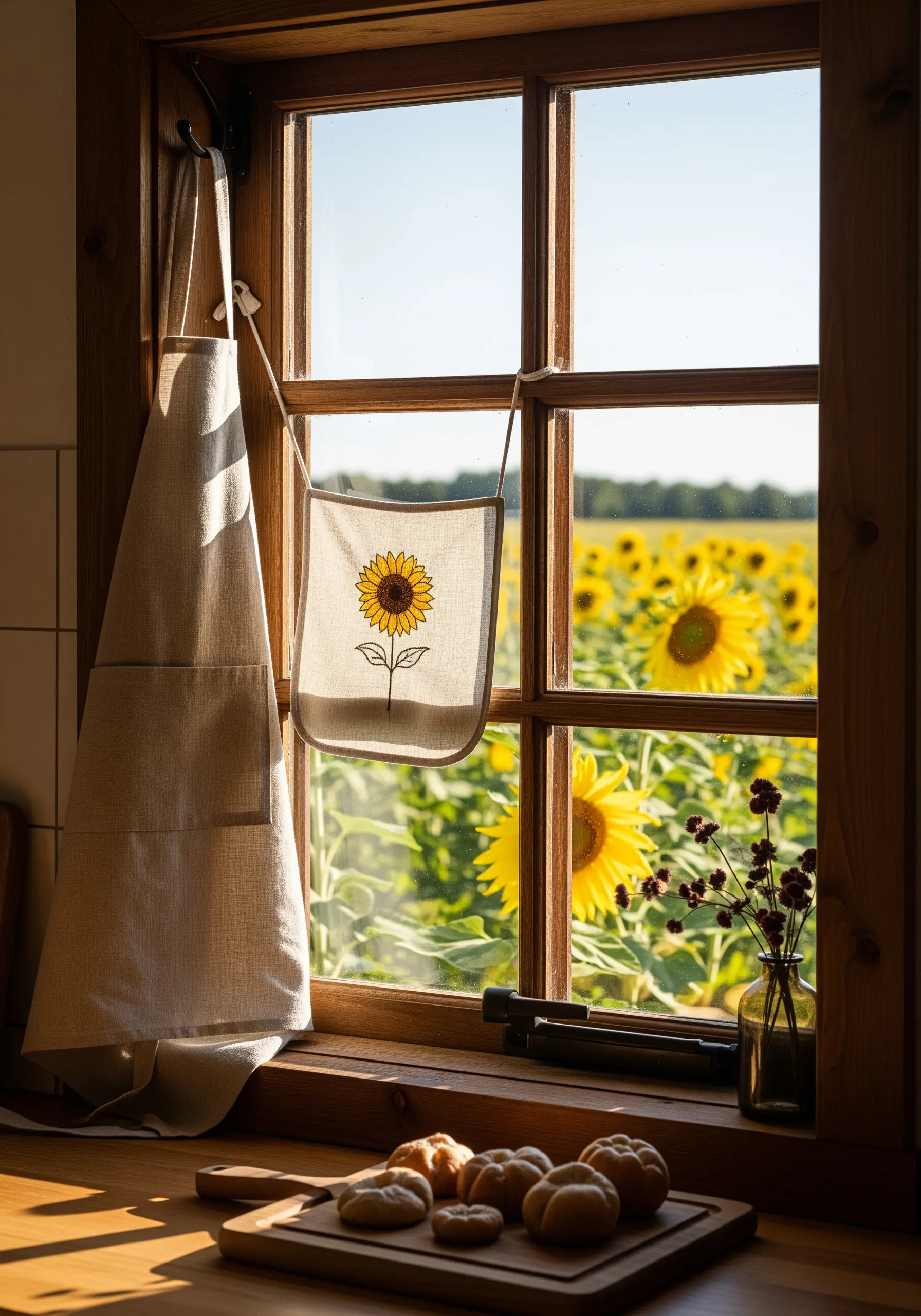 A simple potholder with a single embroidered sunflower hanging in a kitchen window