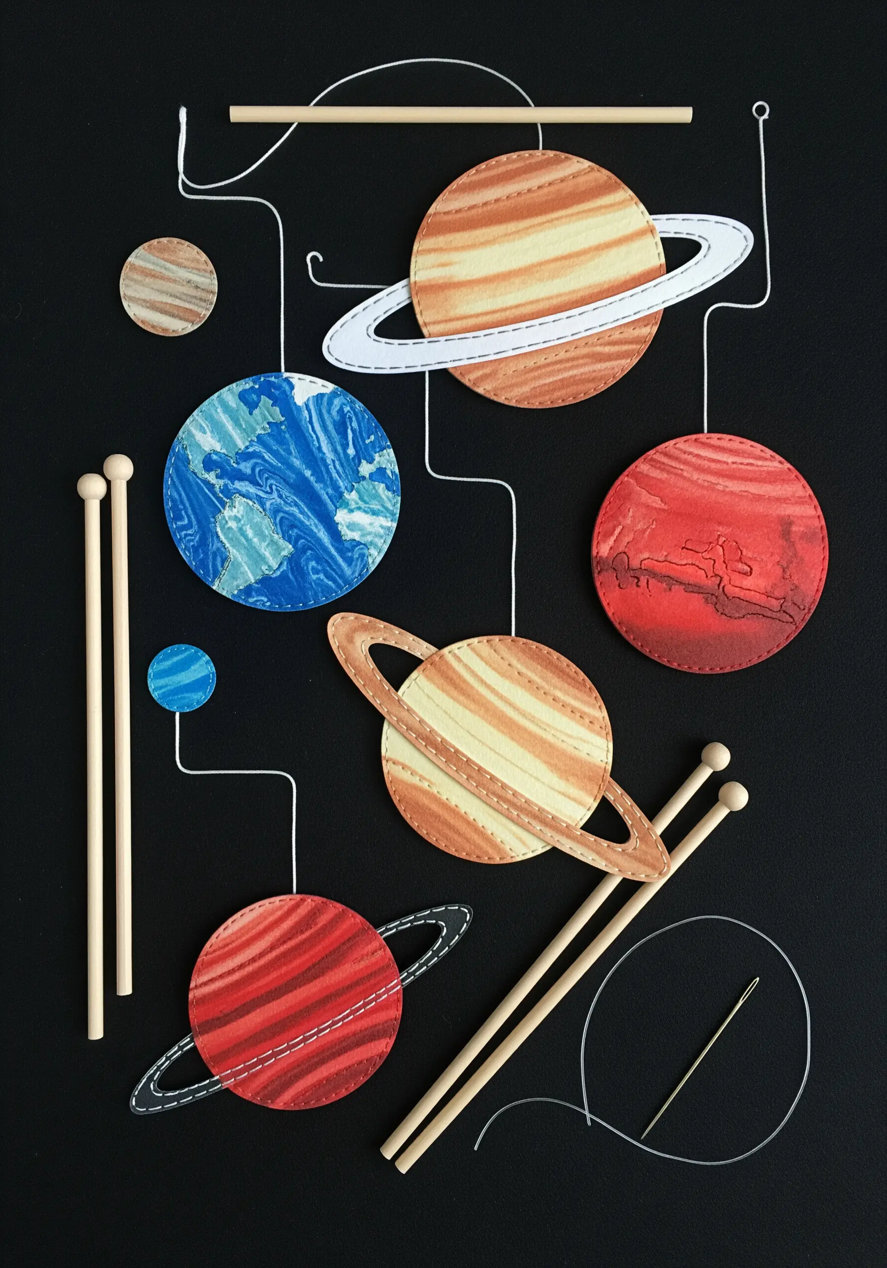 A flat-lay of a solar system mobile in progress, with stitched details on paper planets.