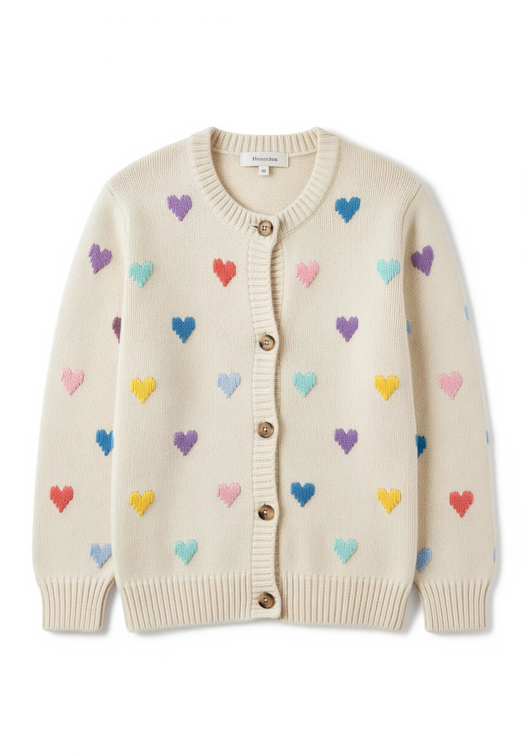 A cream cardigan with a scattered pattern of small, cross-stitched hearts in various pastel colors.
