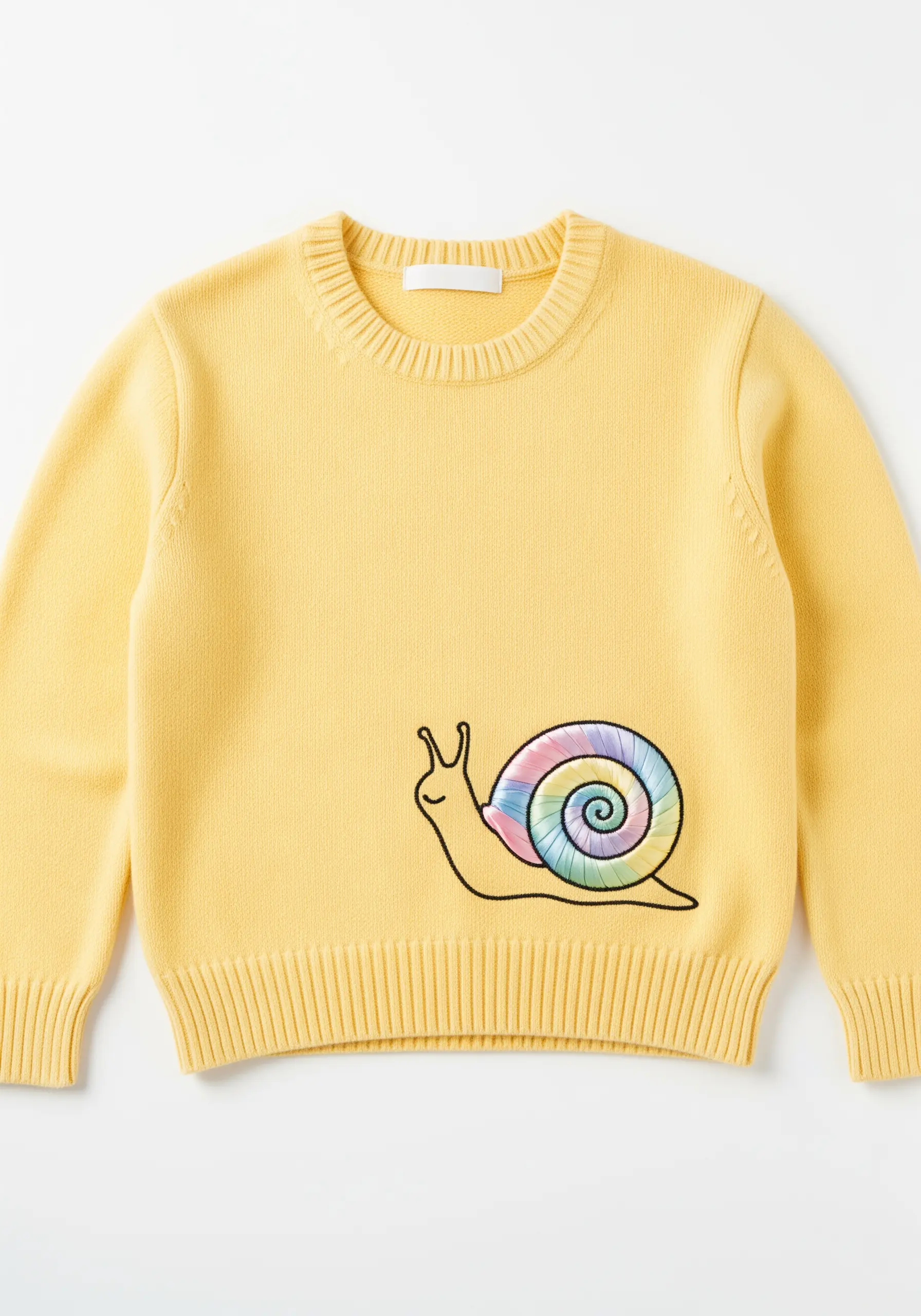 A cartoon snail with a pastel rainbow shell embroidered on a yellow sweater.