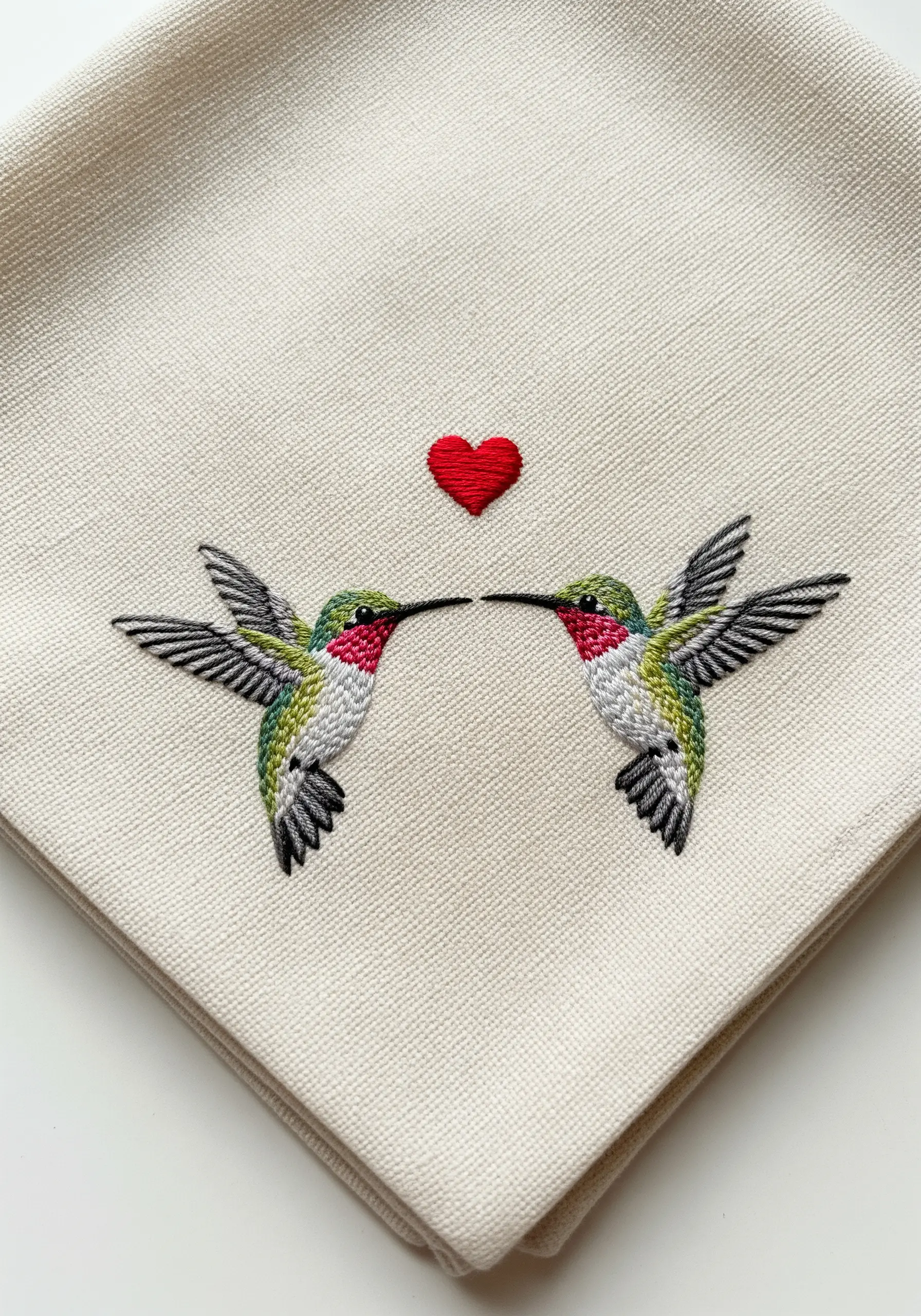 Two symmetrical hummingbirds face each other with a tiny red heart between them.