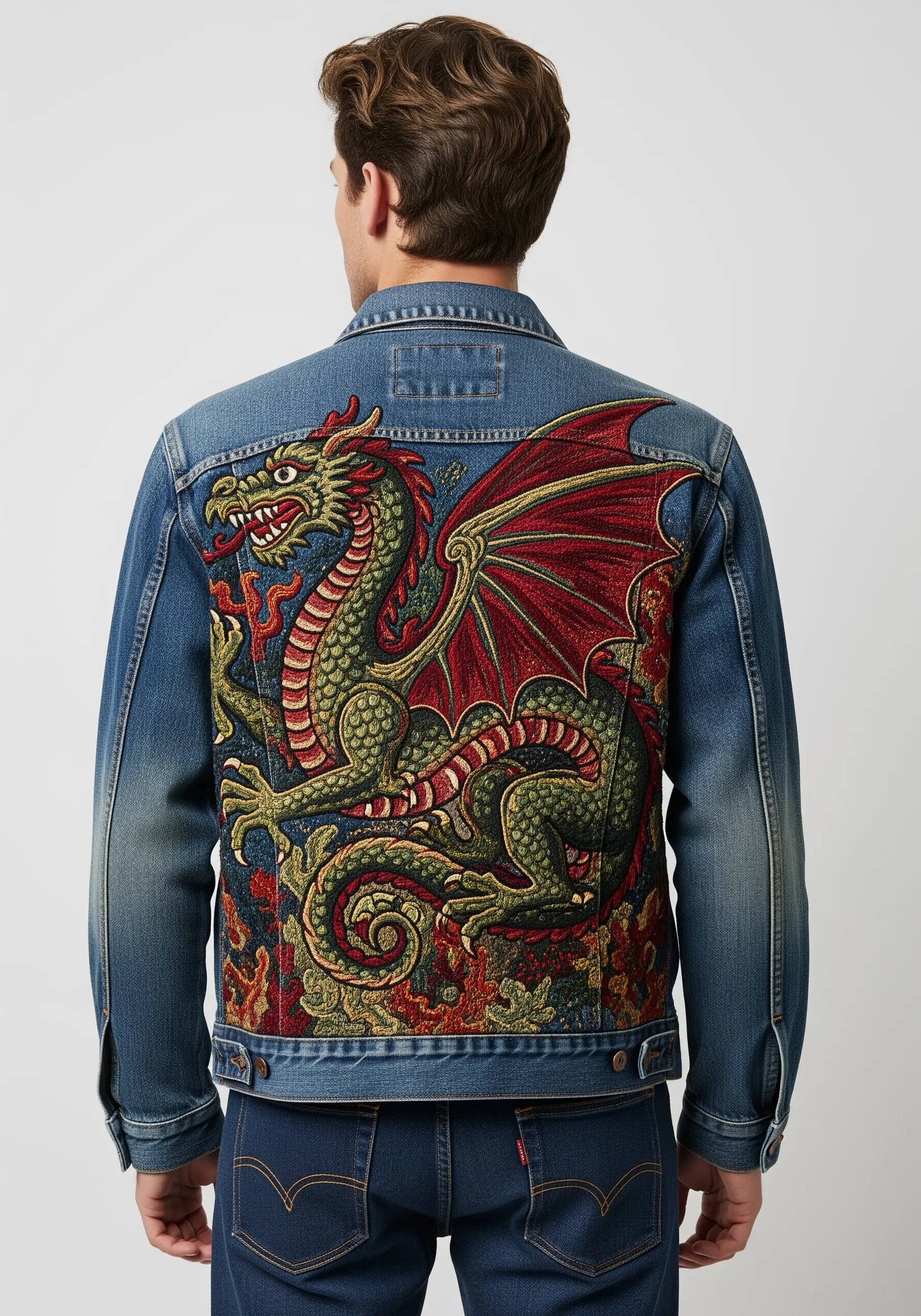 A large, intricate dragon embroidered in a tapestry style with red, green, and gold on a denim jacket.