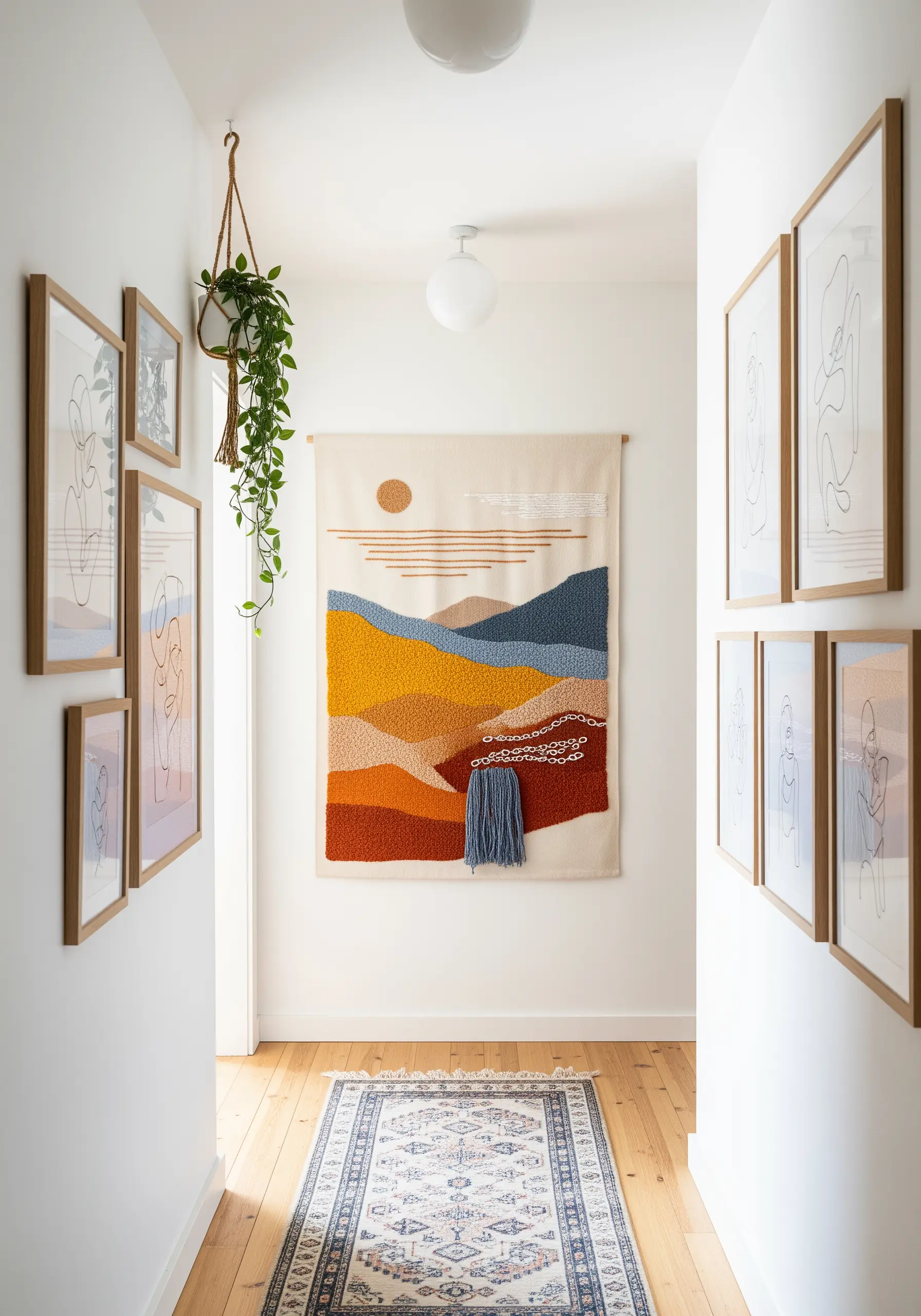 A large, textured wall hanging depicting a colorful abstract landscape in a hallway.