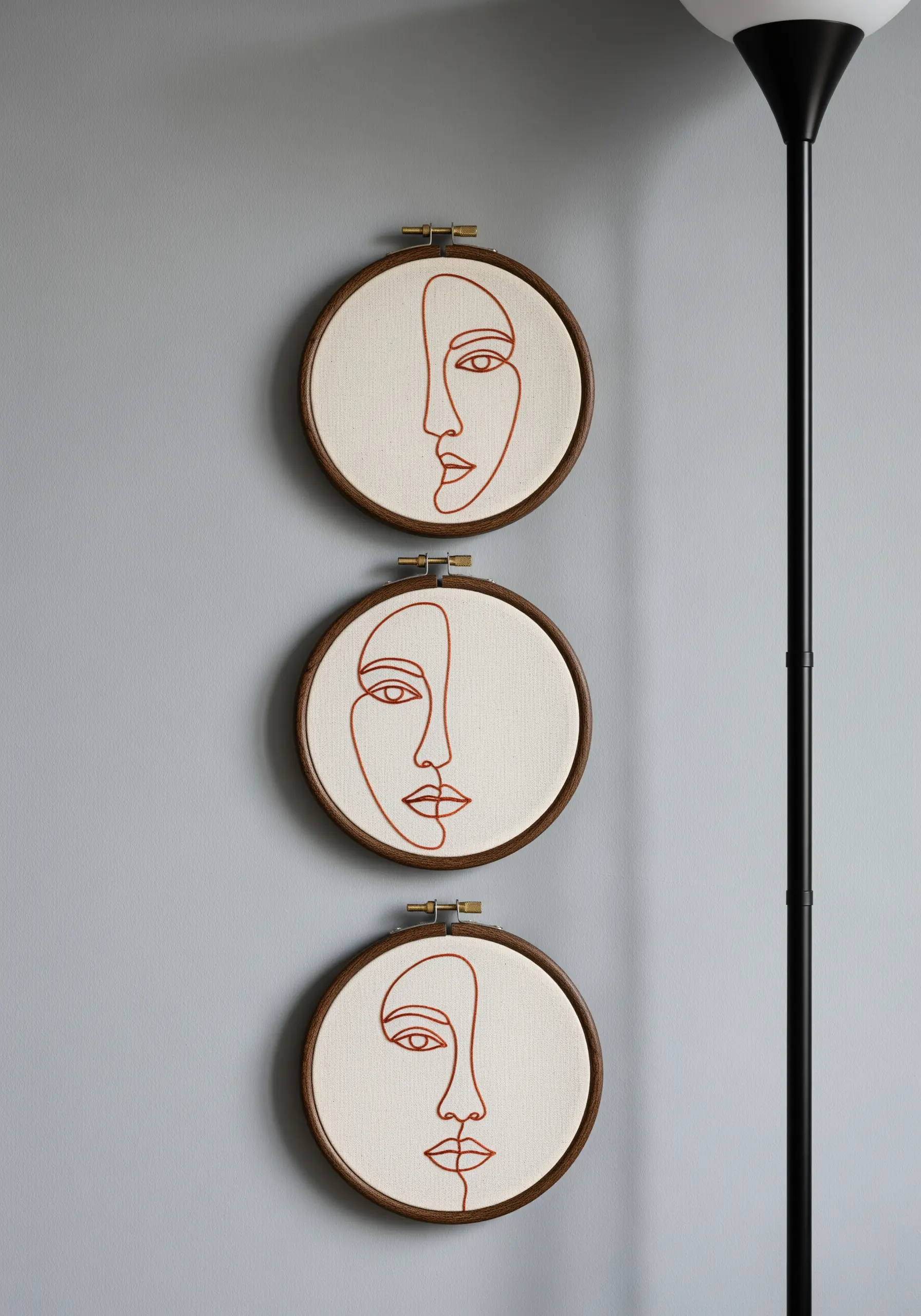 Three embroidery hoops hung vertically, each showing a variation of a rust-colored line art face.