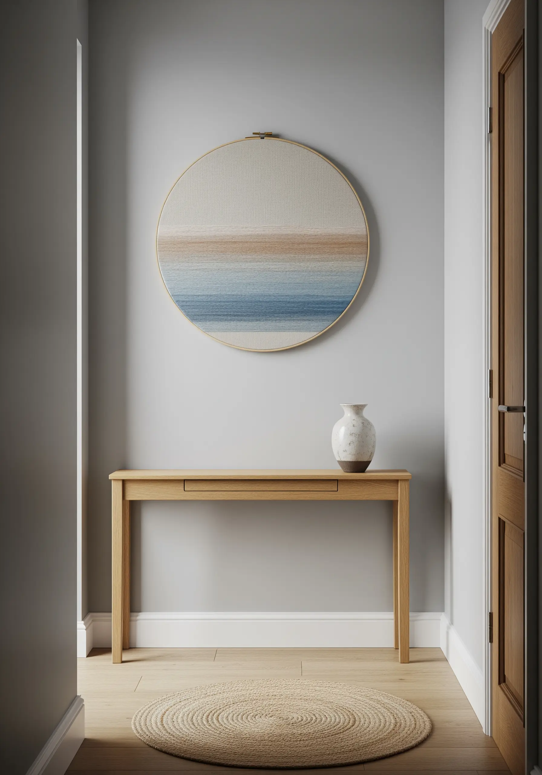 Large embroidery hoop with a minimal, abstract landscape in beige, blue, and white thread.