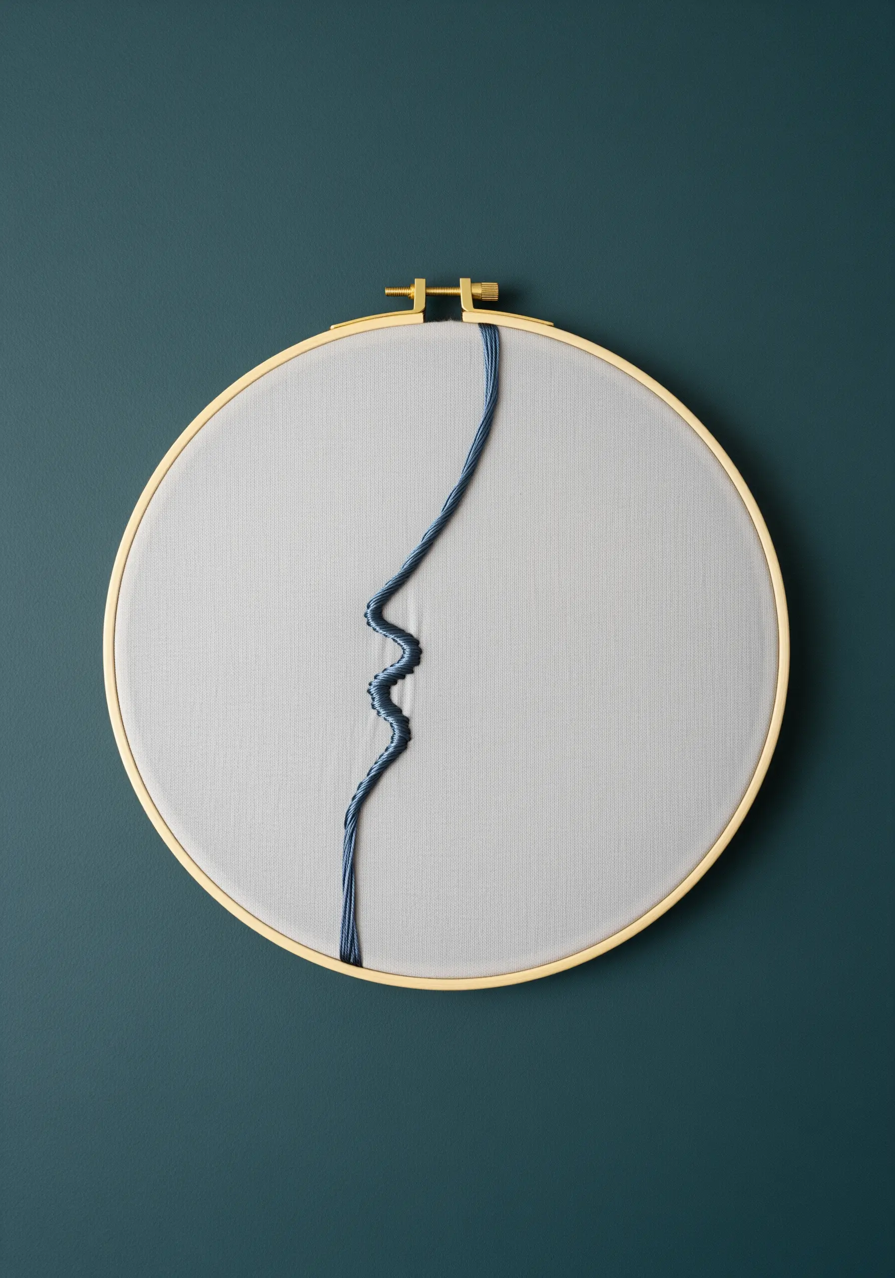 A bundle of blue threads couched in a wave pattern to suggest a face profile.