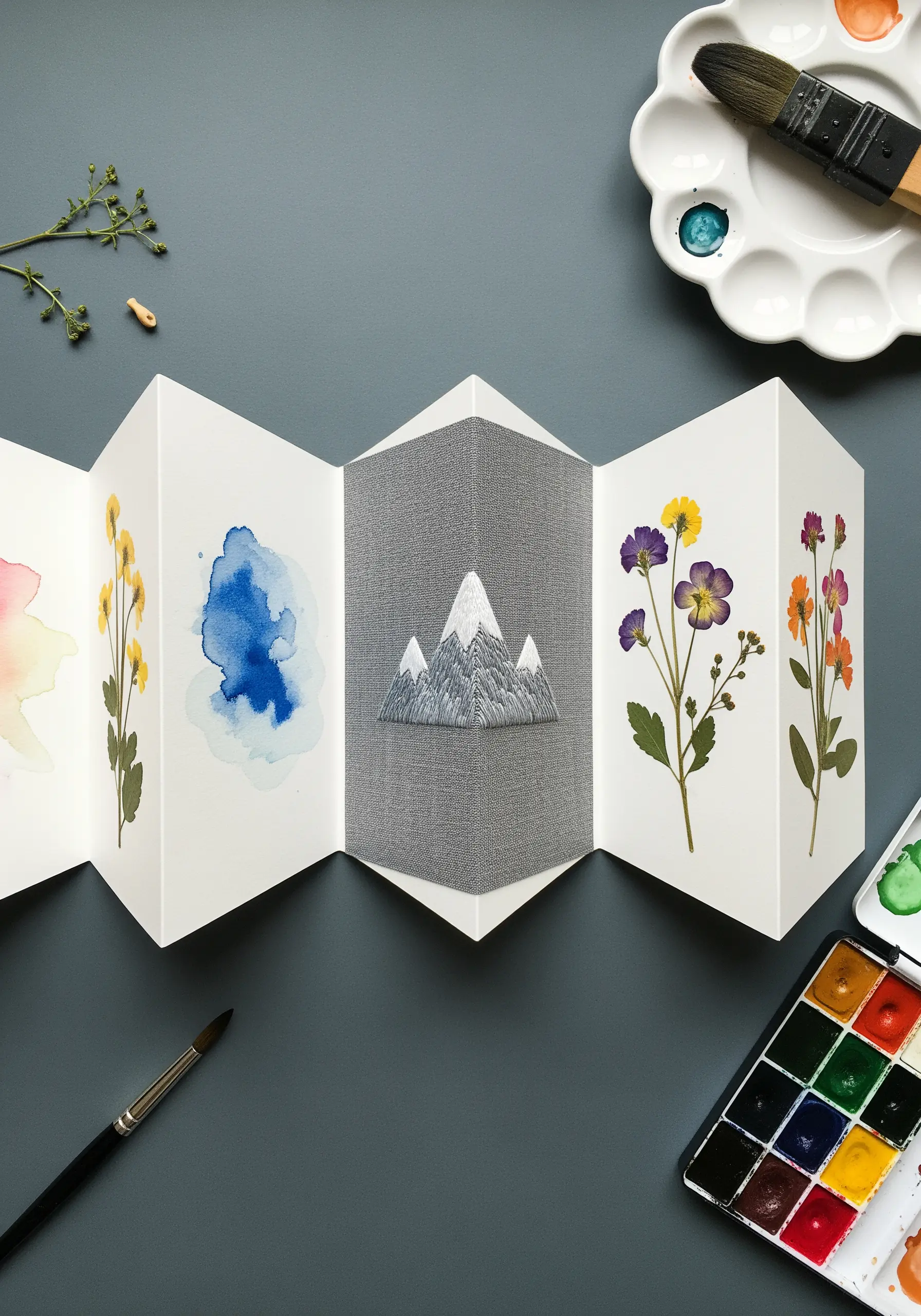 An accordion-fold paper book featuring one panel of embroidered mountains among watercolor and pressed flowers.