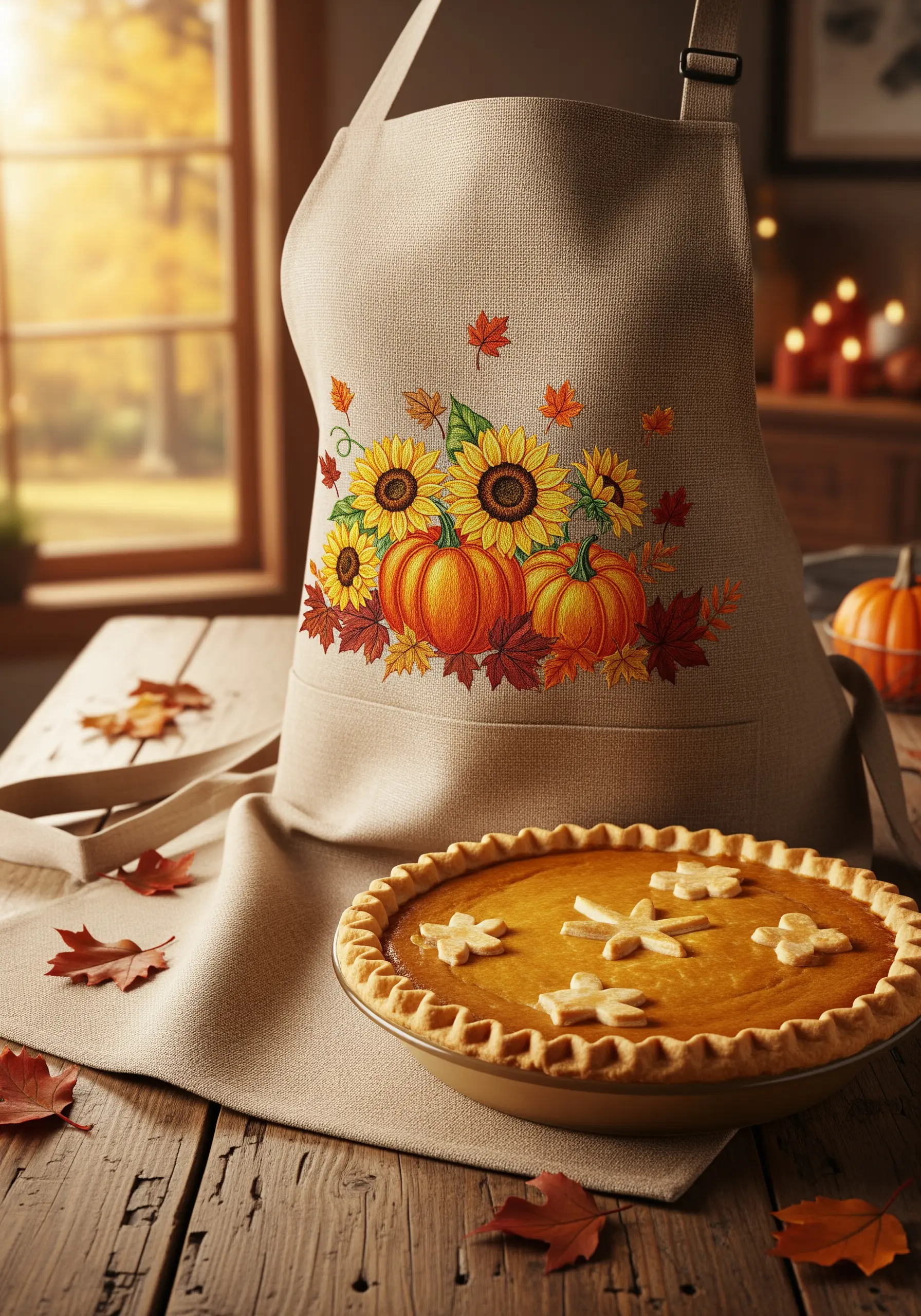 An autumn-themed embroidery design on an apron with sunflowers, pumpkins, and fall leaves