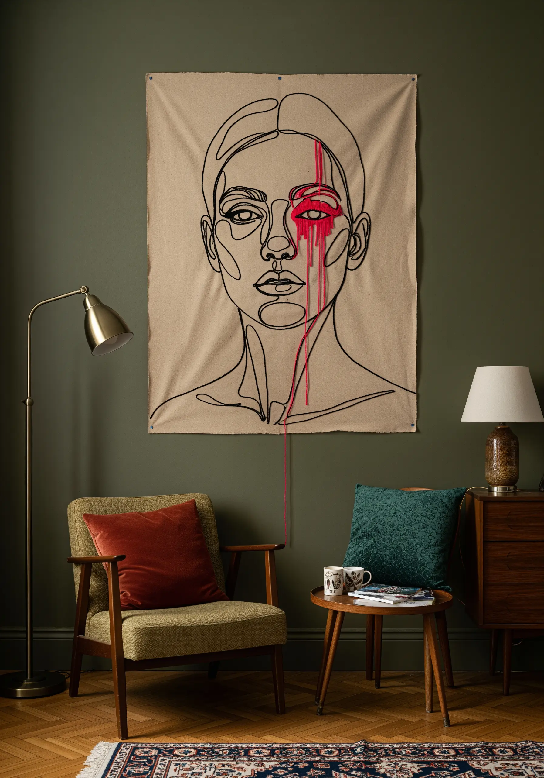 Line art portrait embroidery with a dramatic splash of red thread over one eye.