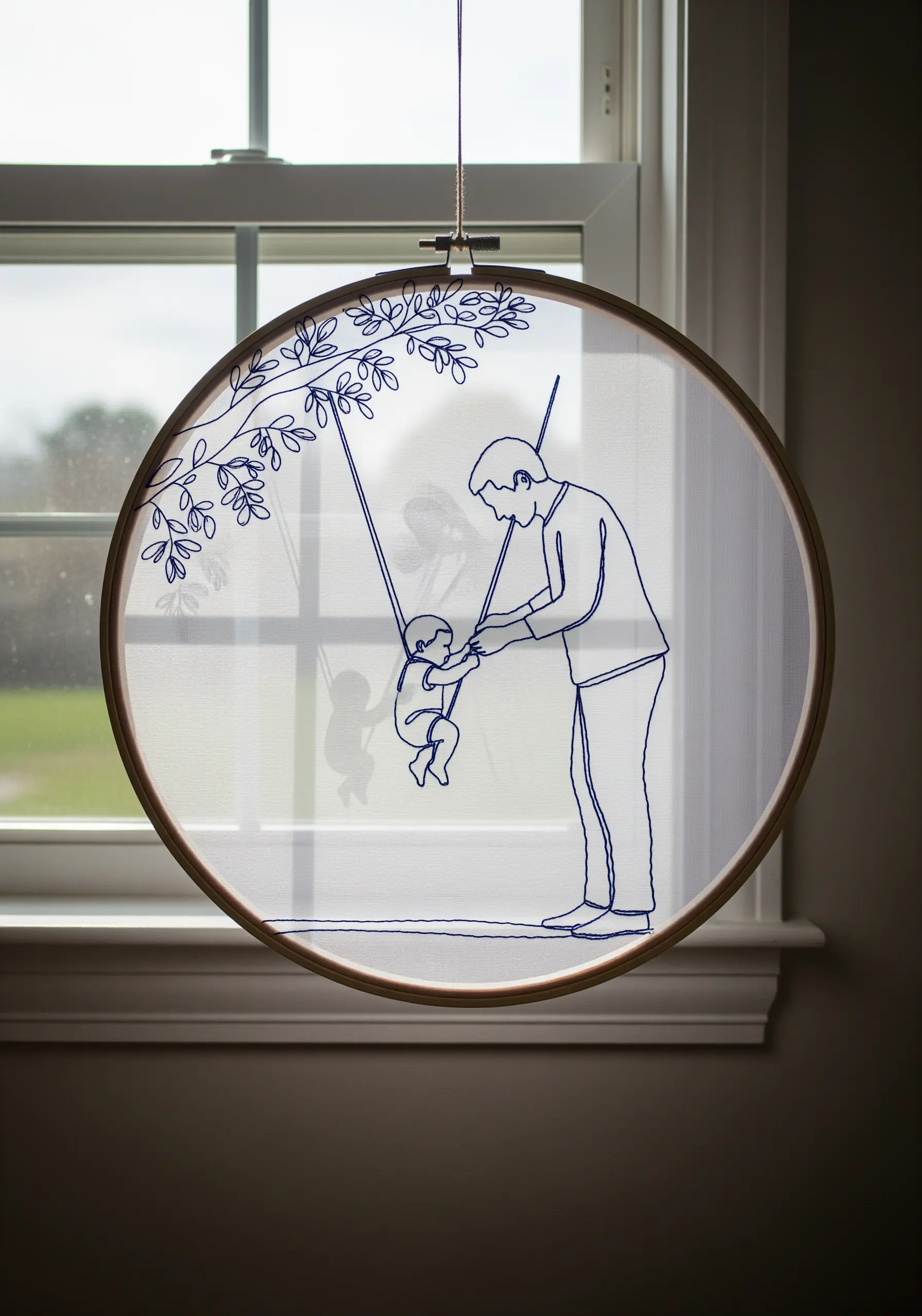 Line art of a father and baby on a swing, stitched on sheer fabric to create a floating effect.