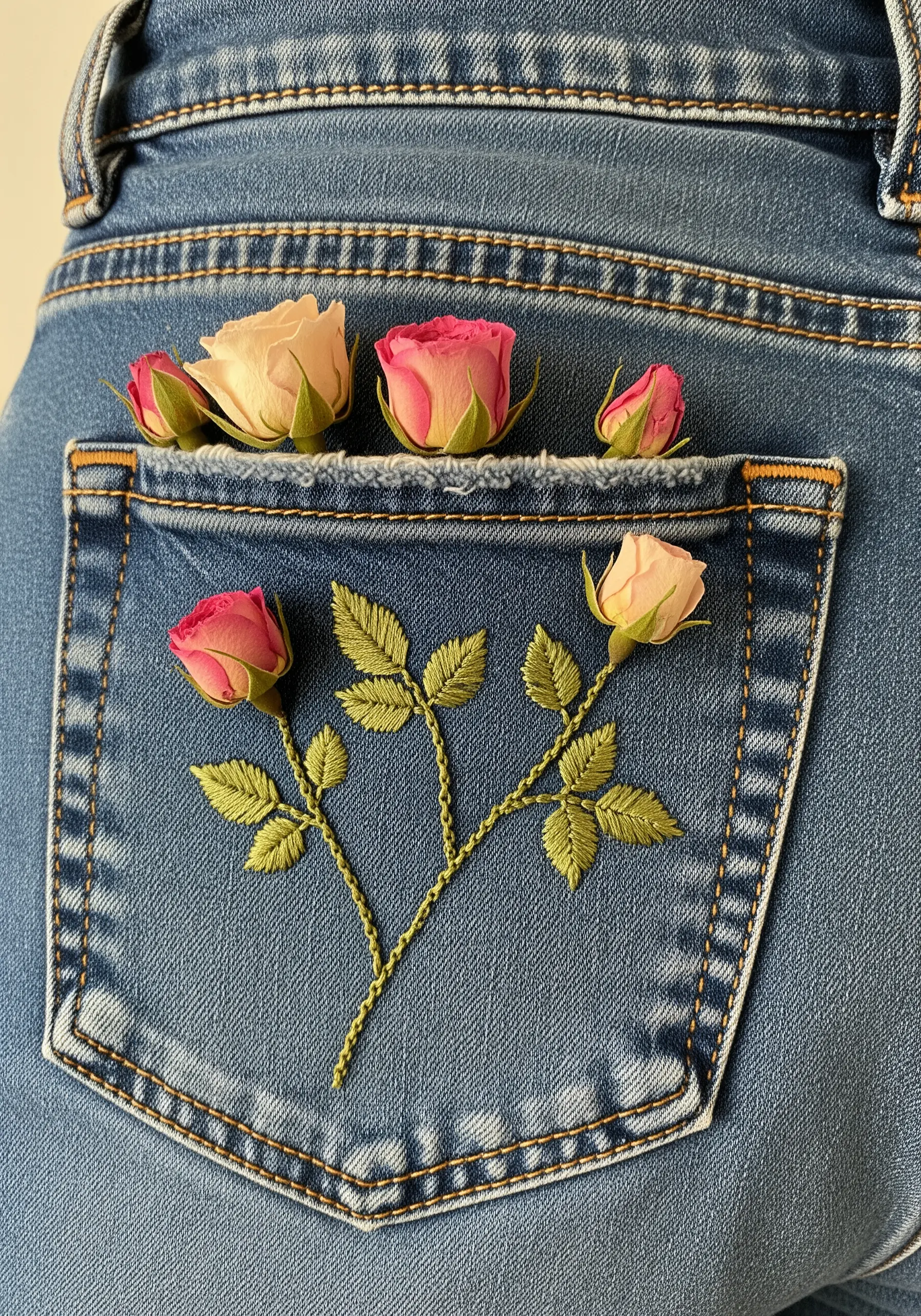 Embroidered rose stems and leaves on a denim pocket, with real pink rosebuds tucked inside.