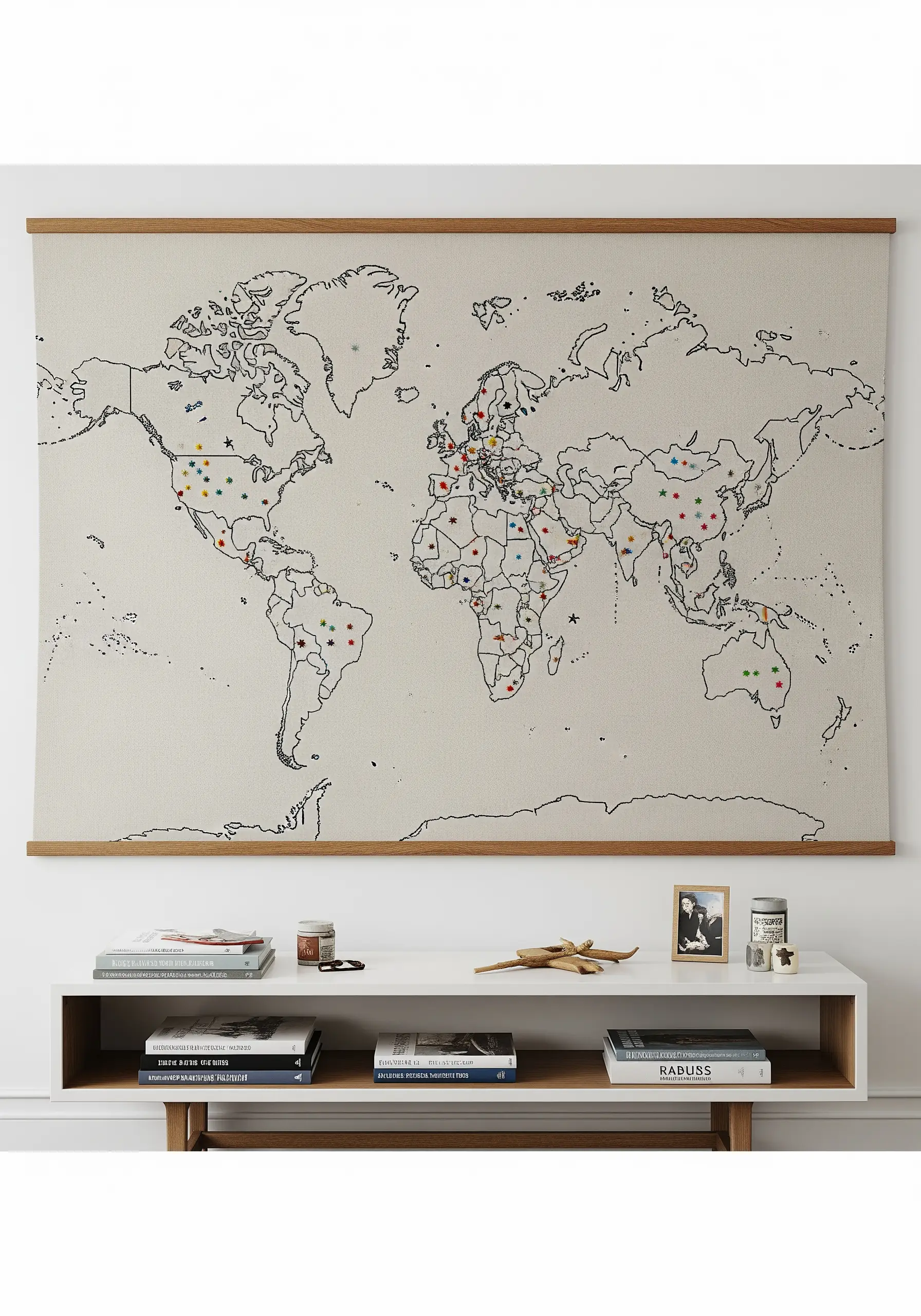 Large wall-hanging world map embroidered in black with colorful stitches marking locations.