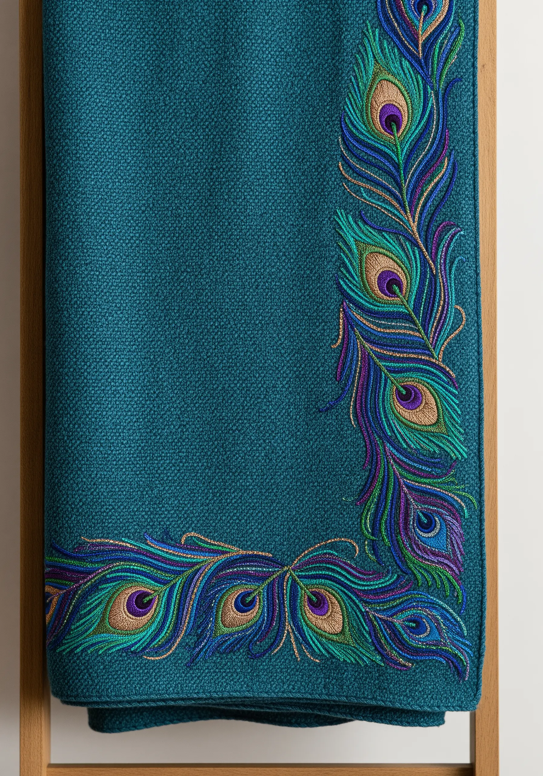Elaborate peacock feathers embroidered in jewel tones along the corner of a teal blanket.