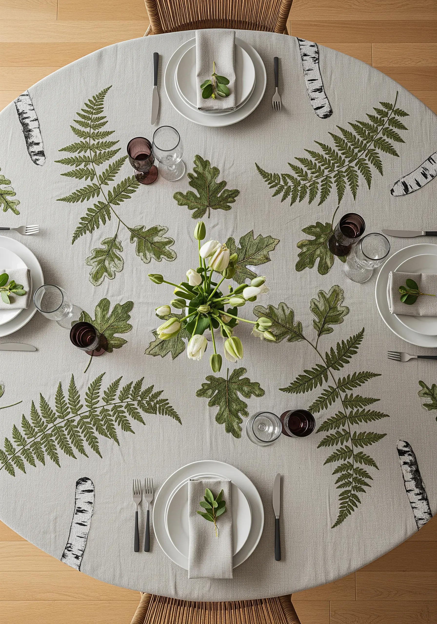 A round tablecloth with an all-over pattern of embroidered ferns, oak leaves, and birch logs.
