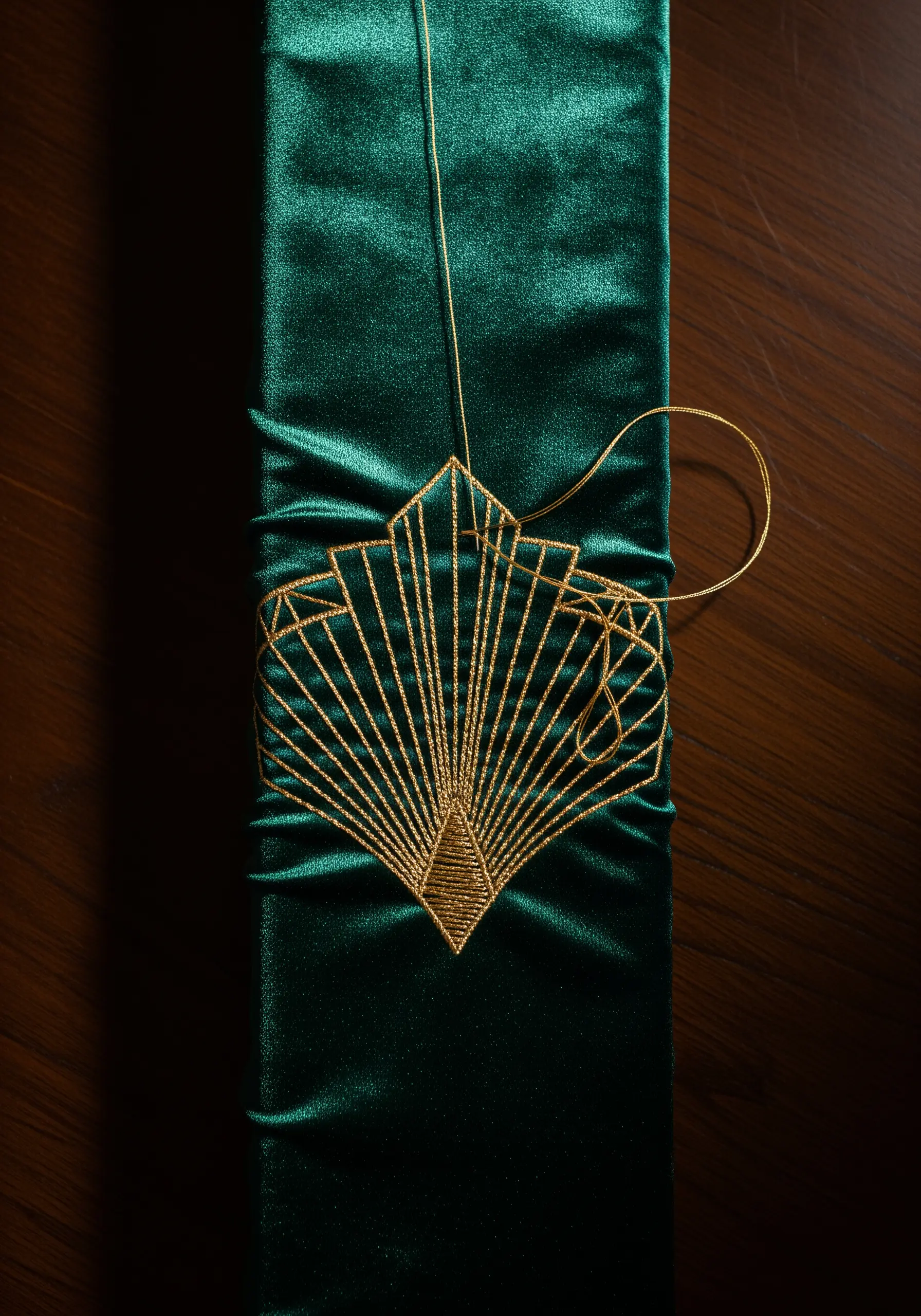 An Art Deco fan motif stitched in gold metallic thread on a dark green satin fabric.