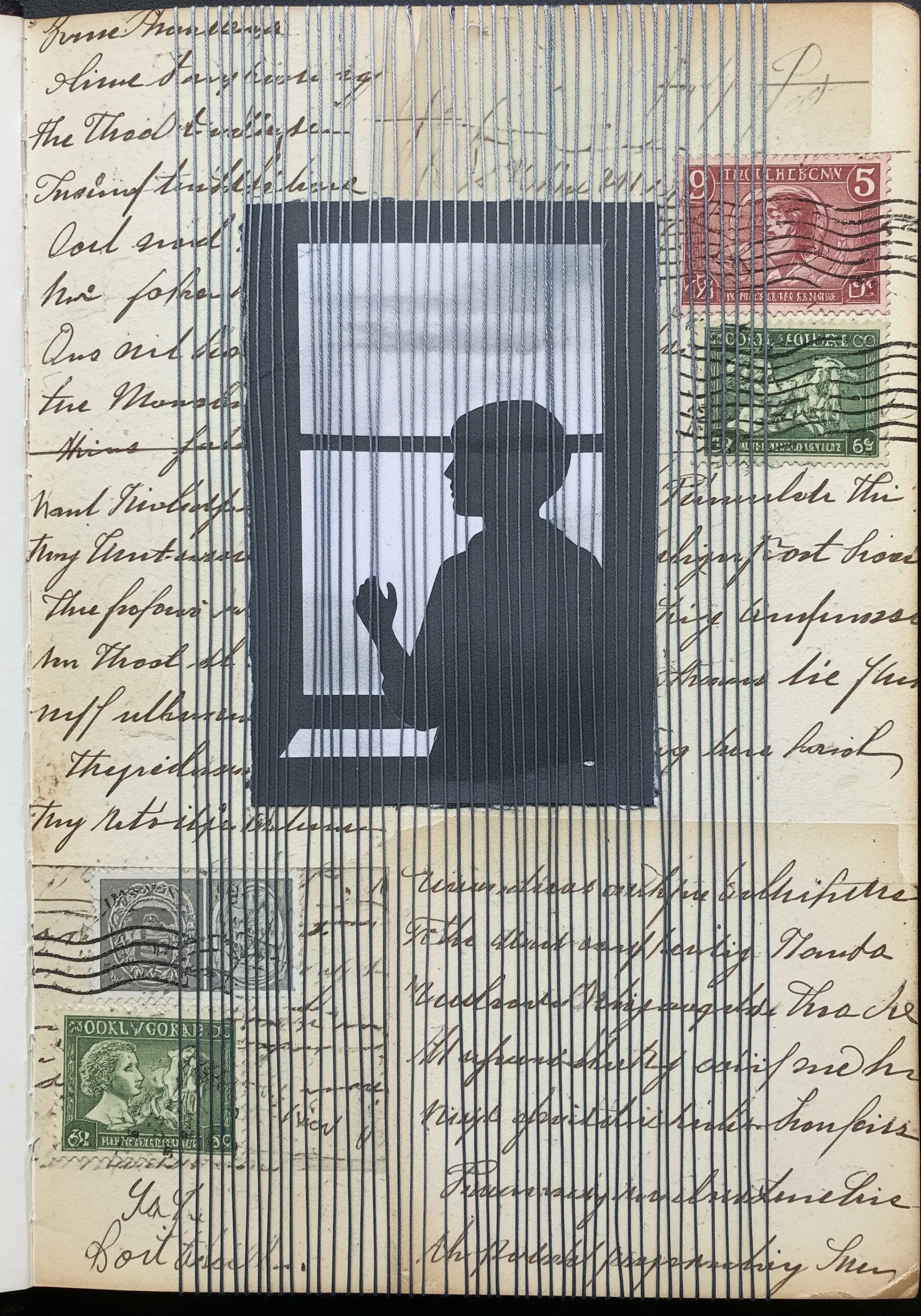 A vintage postcard and photograph overlaid with a series of parallel vertical stitches.