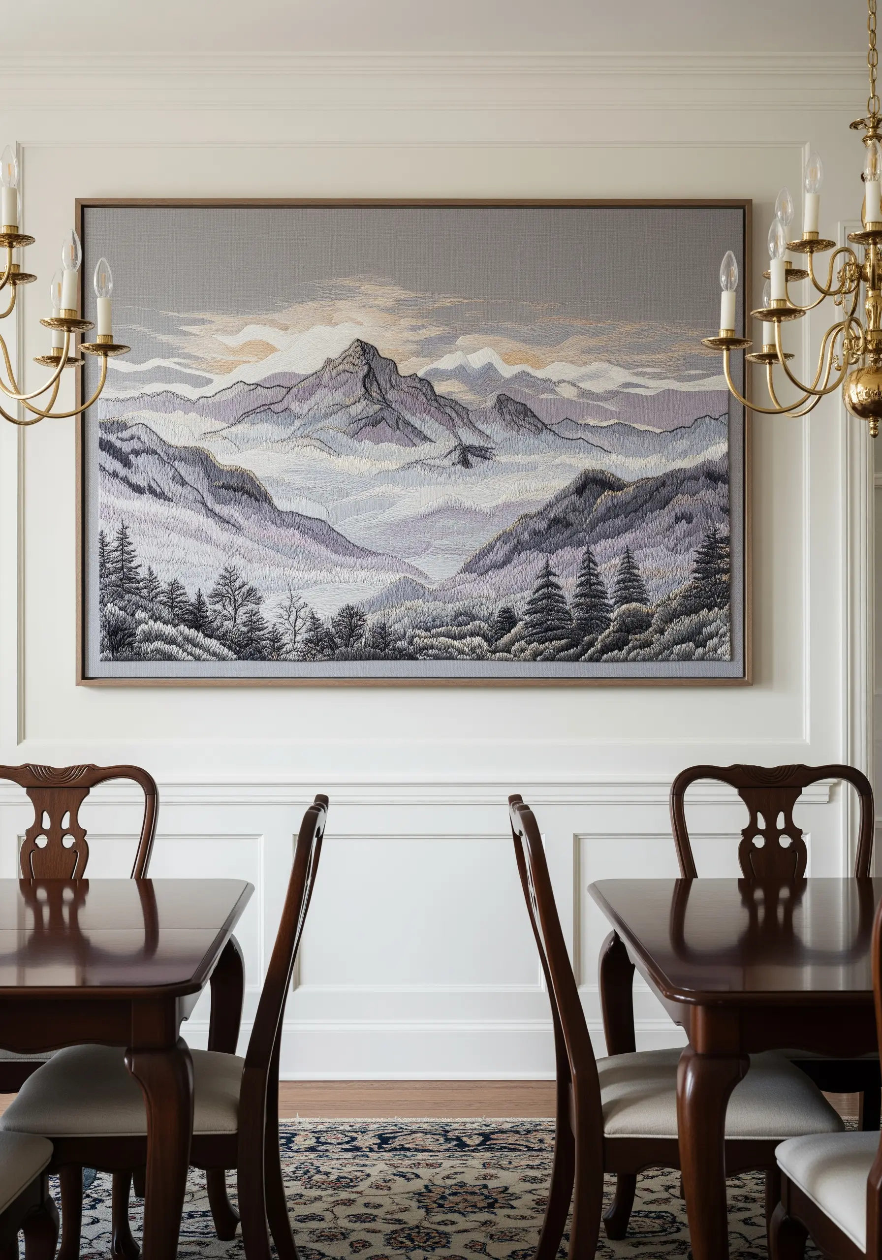 A large, framed embroidery of a mountain range with atmospheric layers of fog and clouds.