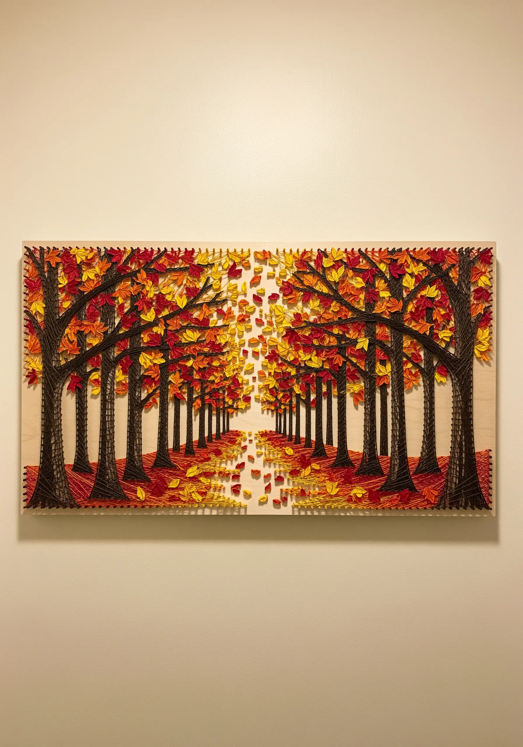 String art of an autumn forest path with trees in fiery reds, oranges, and yellows.