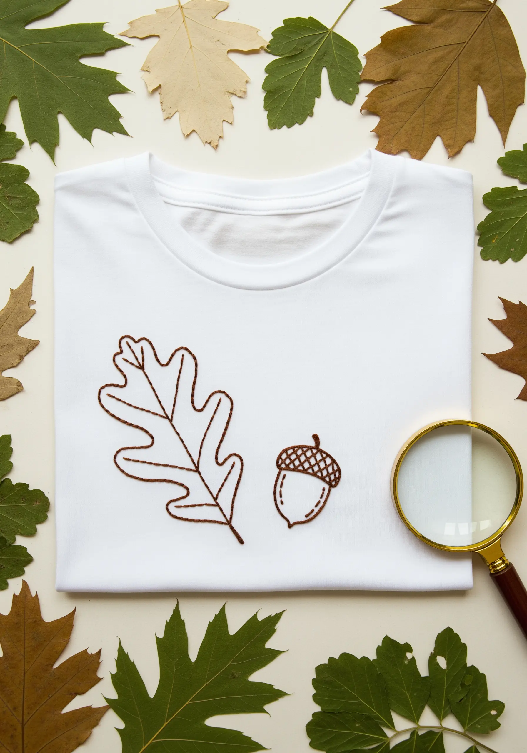 Line art of an oak leaf and an acorn embroidered in brown thread.