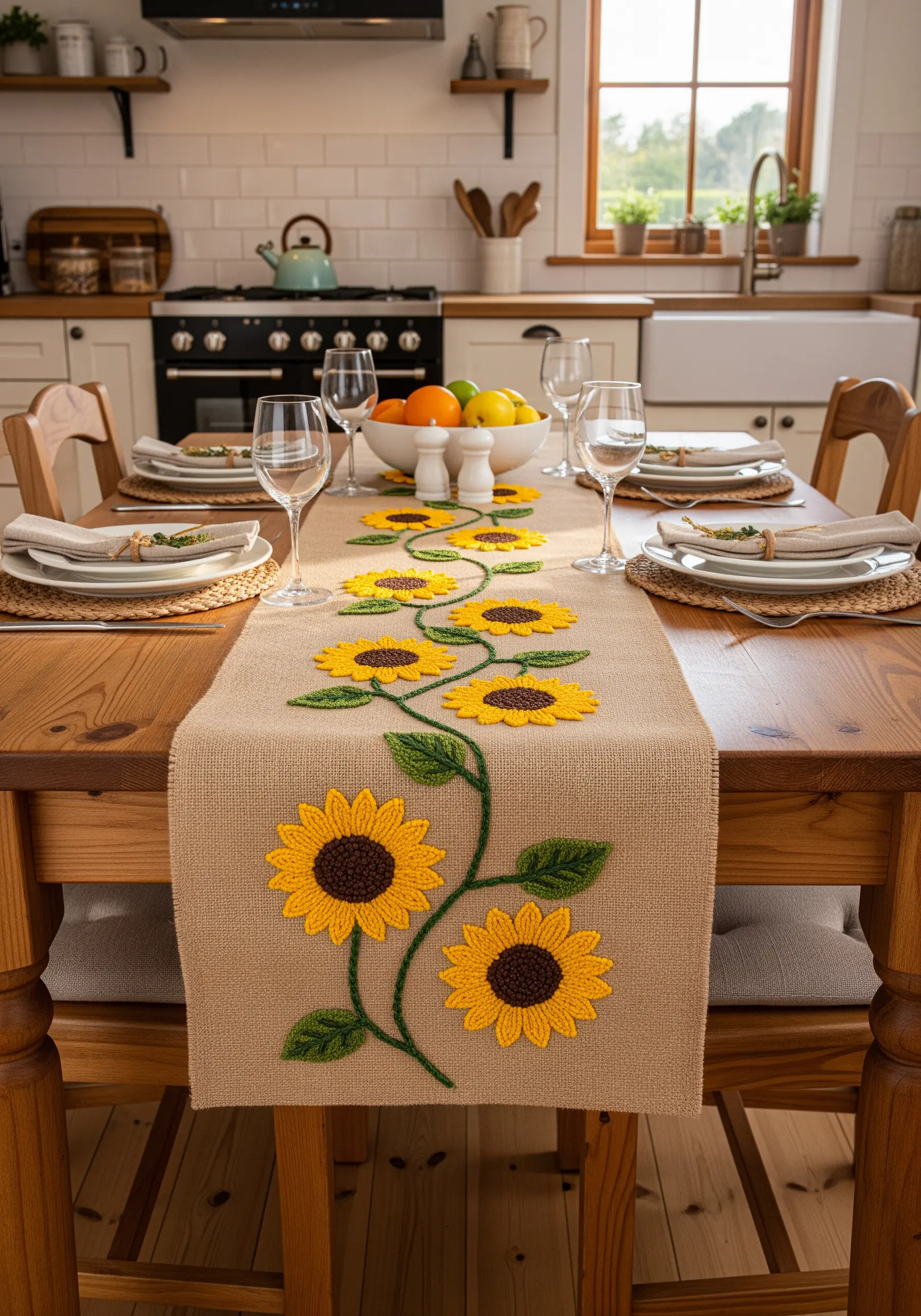 Burlap table runner with a winding vine of dimensional, yarn-embroidered sunflowers.