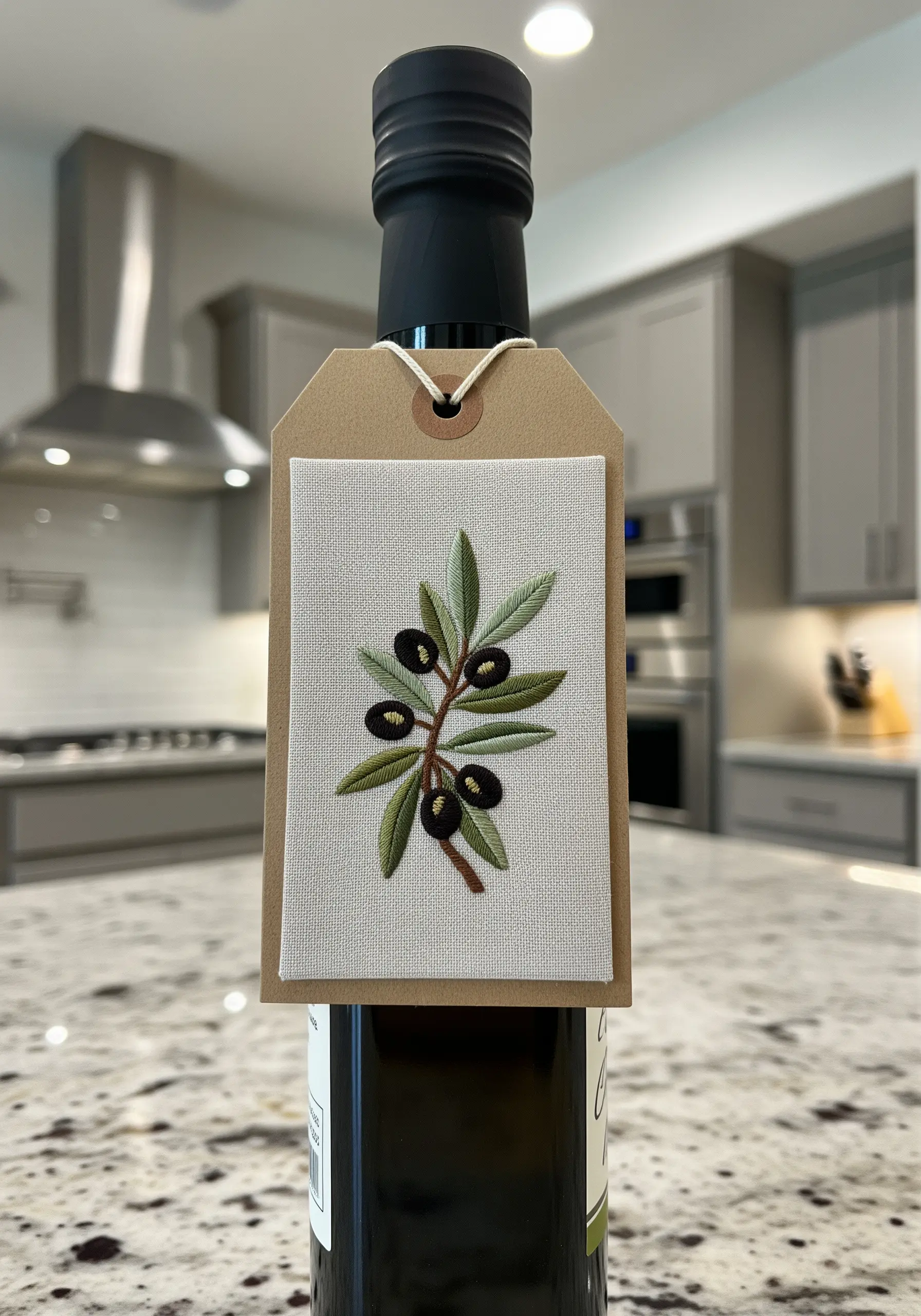 An embroidered olive branch on linen, mounted on a gift tag for a bottle.