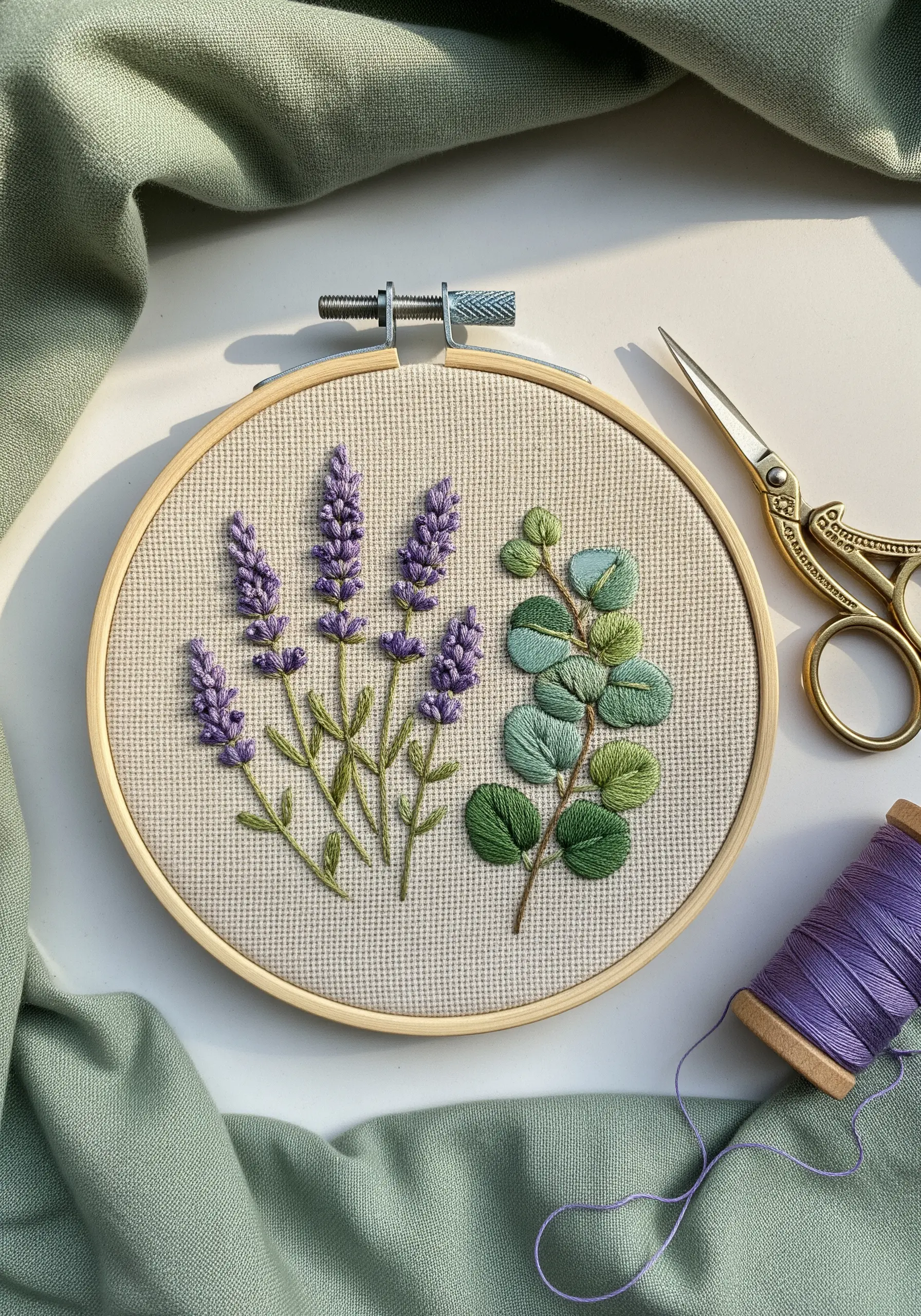 Embroidered lavender and eucalyptus leaves in a wooden hoop with scissors.