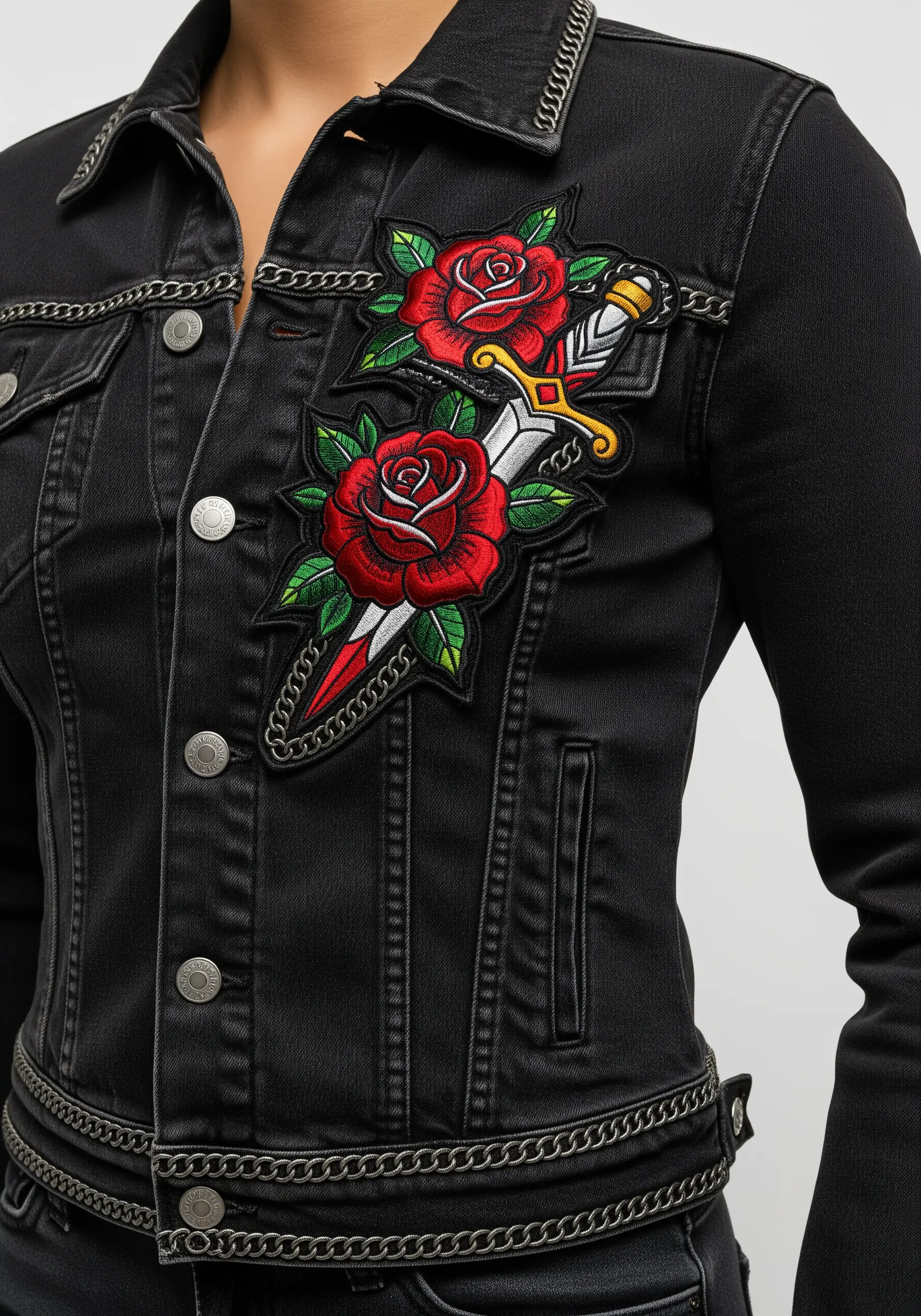 Tattoo-style embroidered patch of red roses and a dagger on the chest of a black denim jacket.