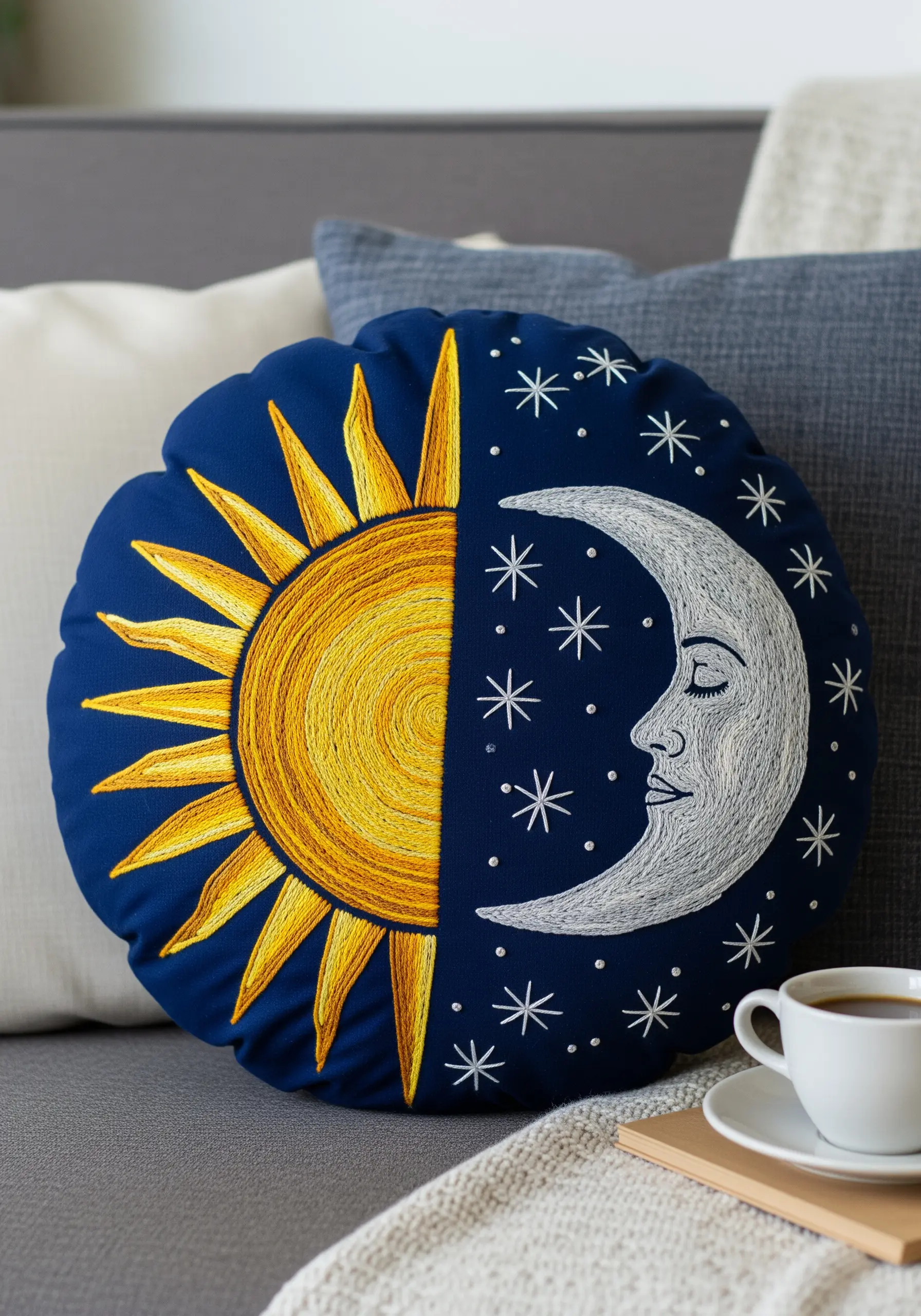 A round navy pillow with an embroidered sun on one half and moon on the other.