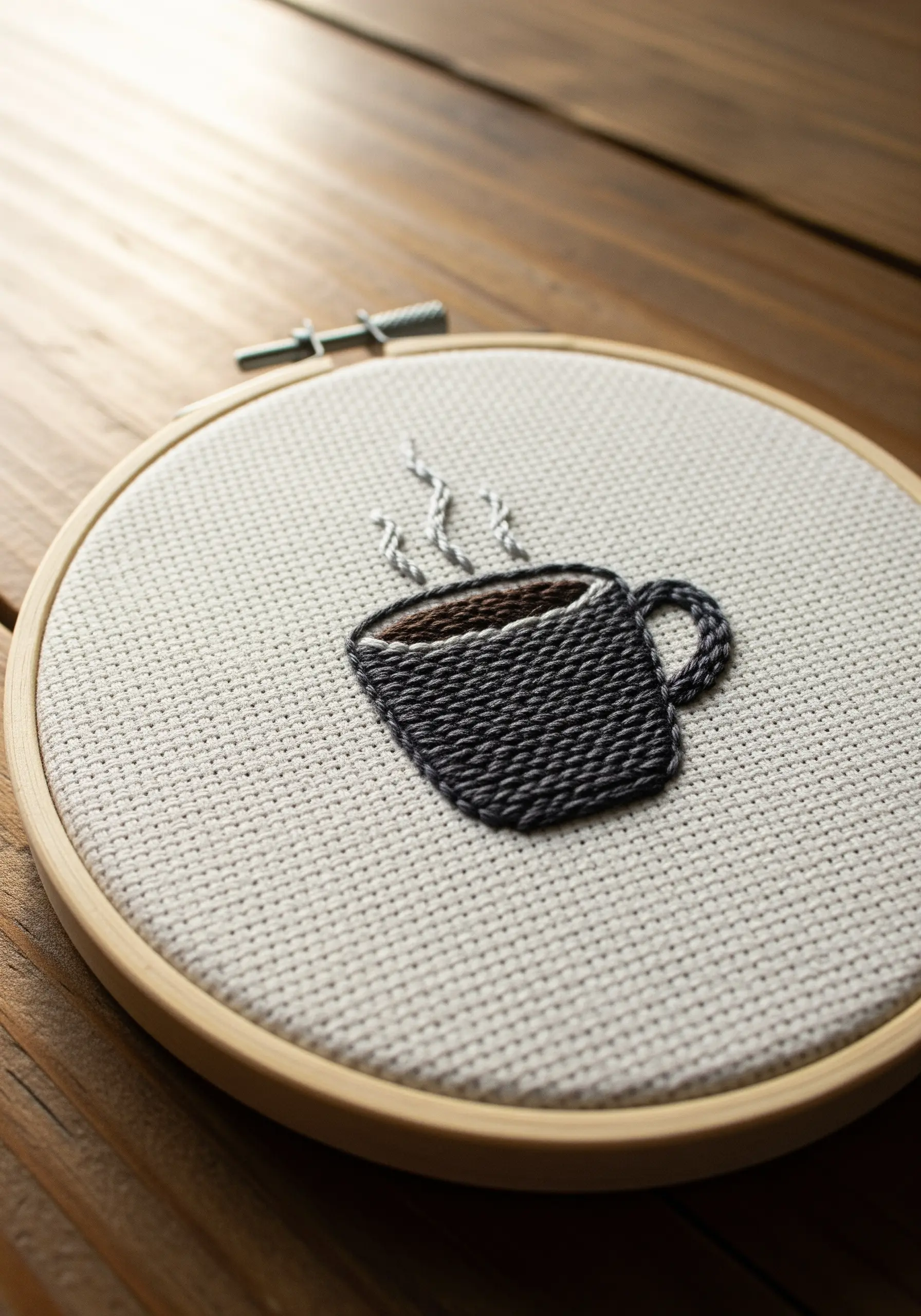 Textured coffee mug using diagonal chain stitch with two shades of gray thread.