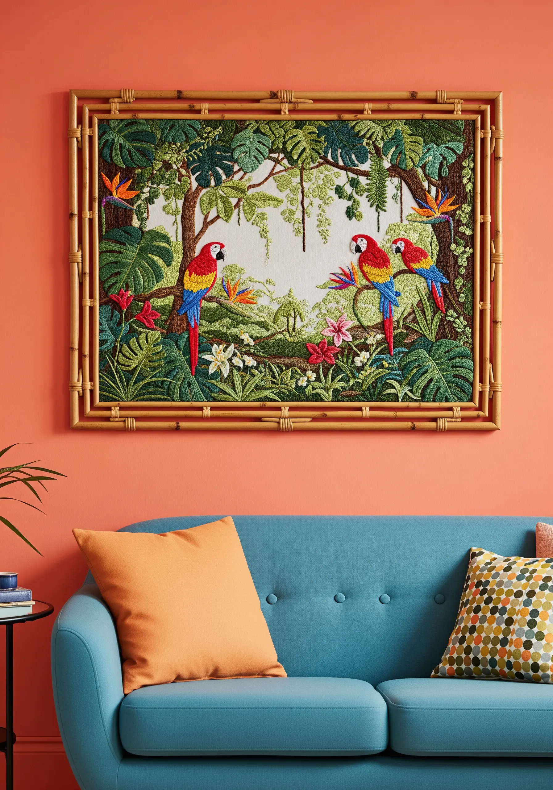 A dense, colorful jungle scene with parrots and flowers, framed in bamboo.