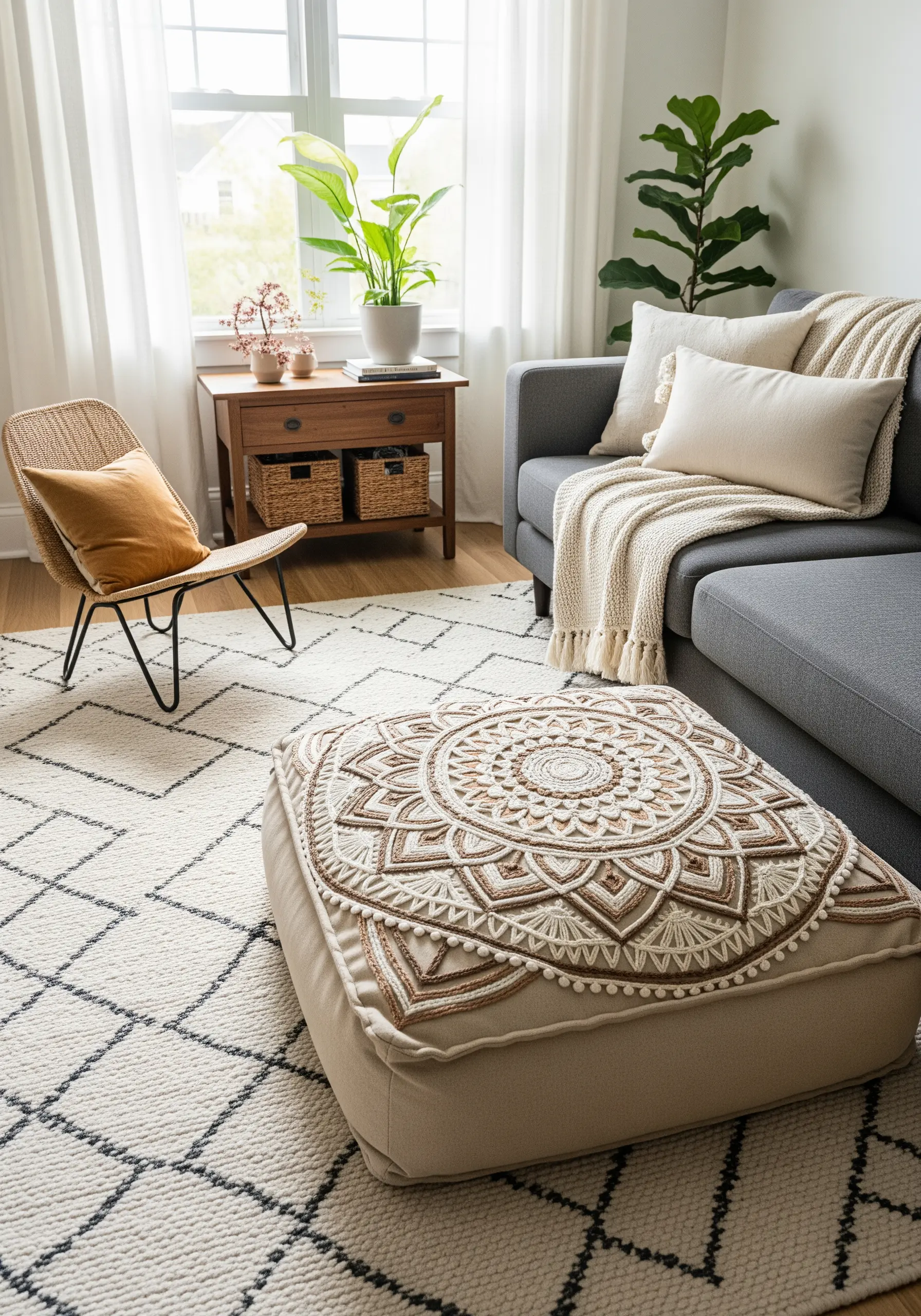 A large floor cushion with a detailed mandala, stitched with varied thread thicknesses.