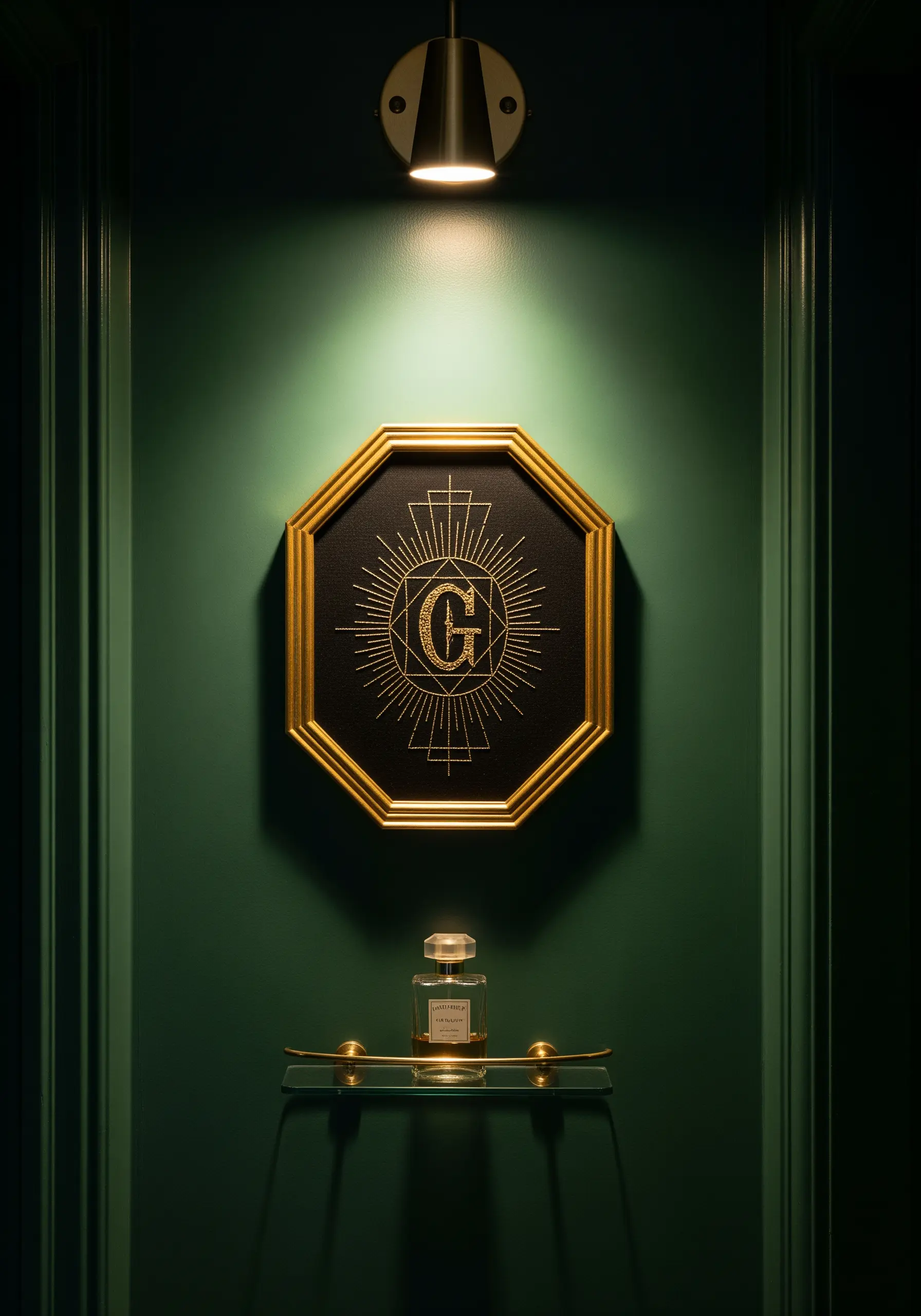 A single gold metallic monogram stitched on black fabric in an octagonal frame.