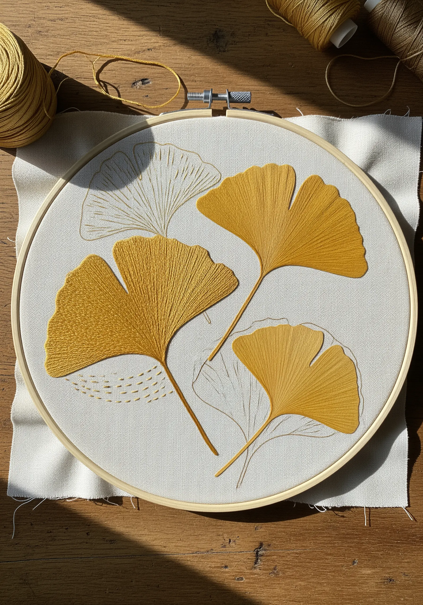 Embroidery hoop with golden yellow ginkgo leaves in satin stitch and outline stitch