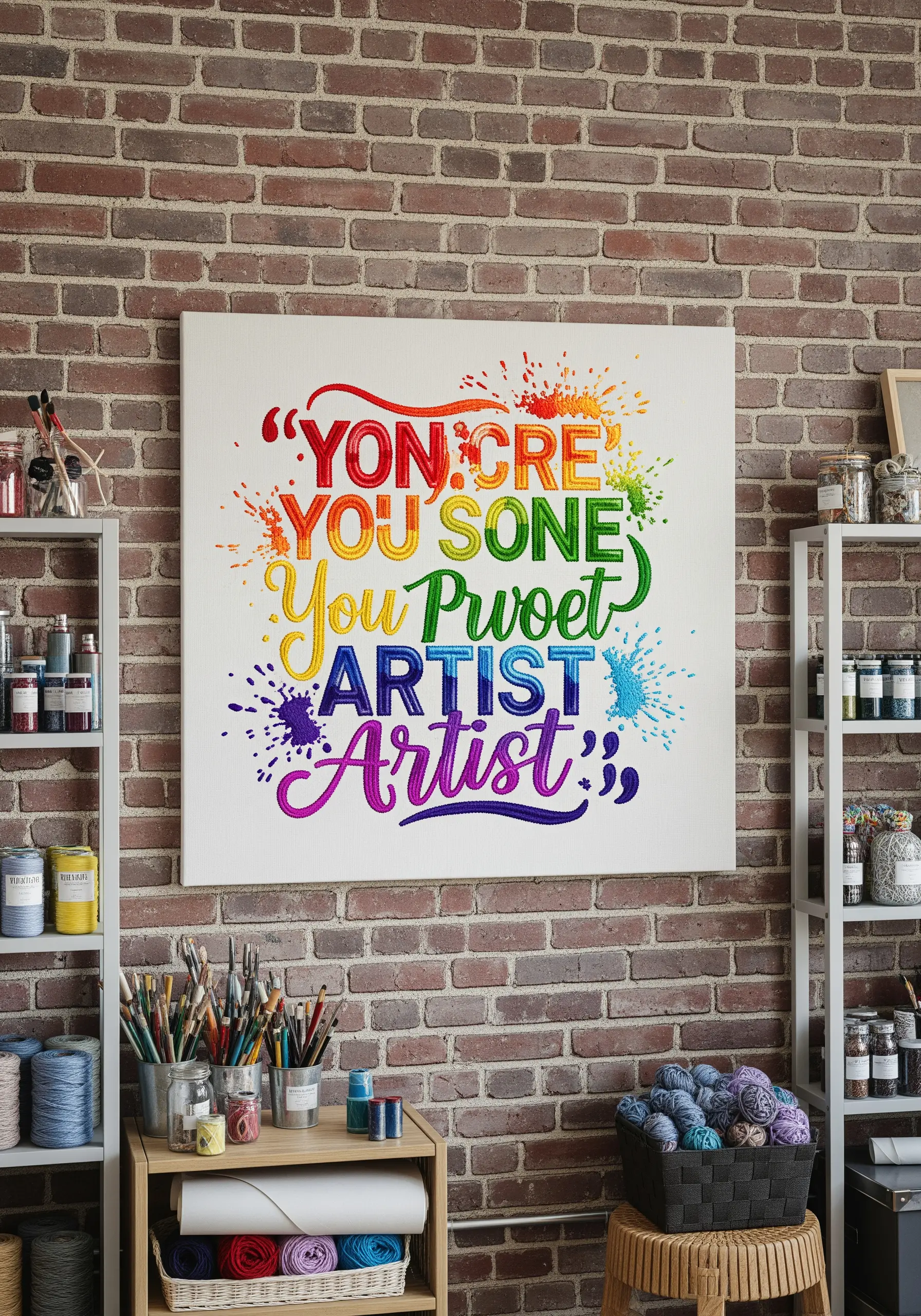 Colorful rainbow embroidered quote with abstract paint splatter stitch effects.