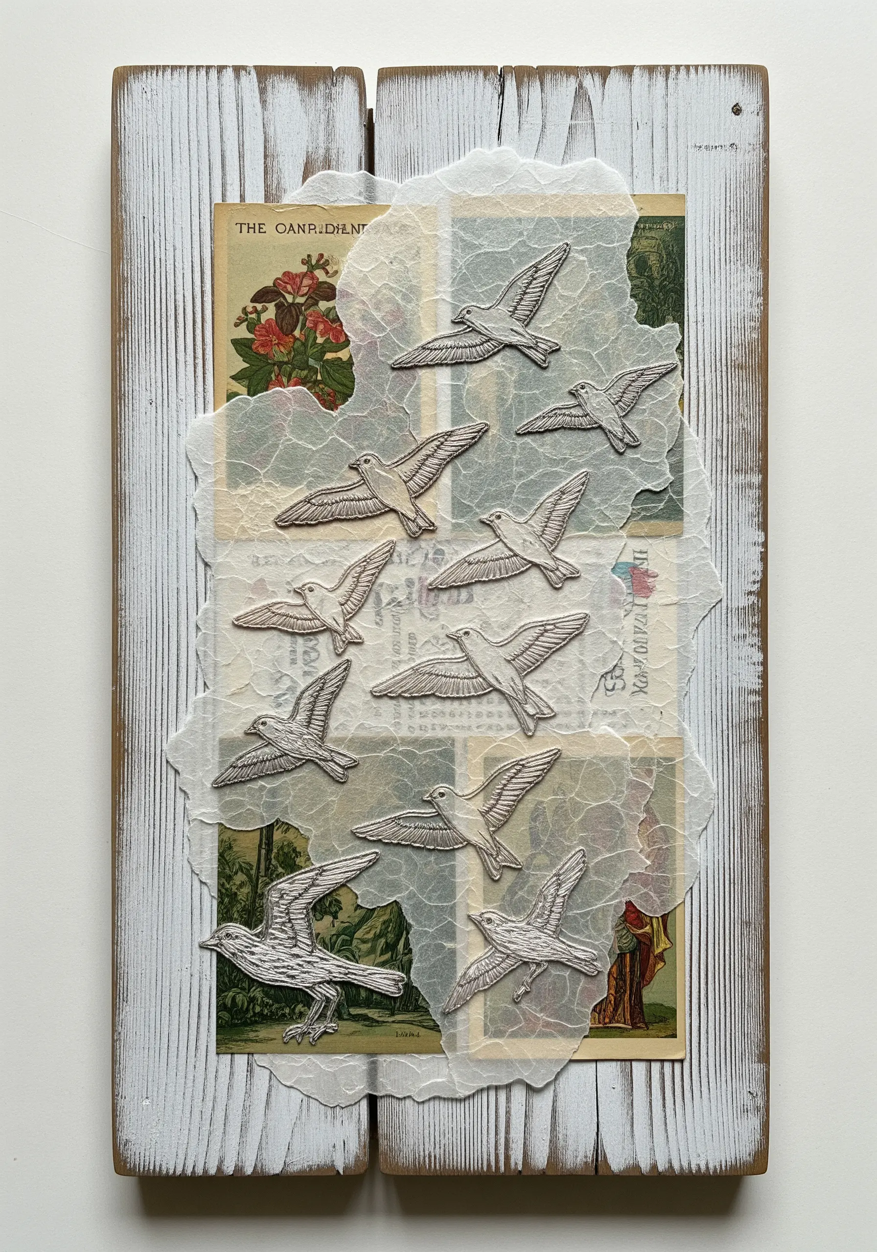 A collage of stitched bird outlines on translucent vellum layered over vintage botanical prints.