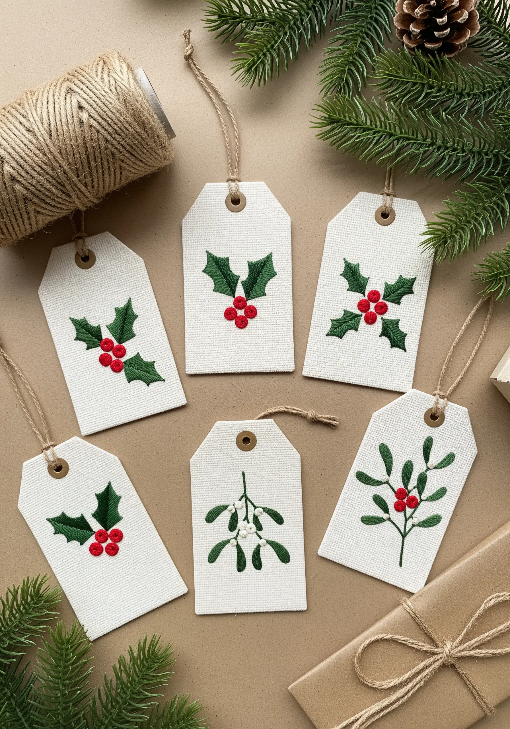 Set of handmade gift tags embroidered with festive holly and mistletoe designs