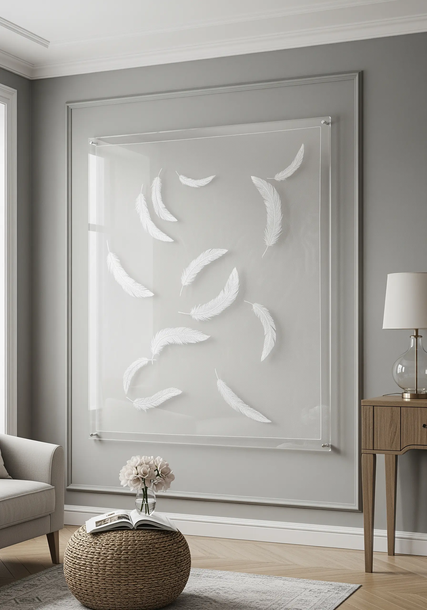 White embroidered feathers appearing to float inside a large, clear acrylic frame.