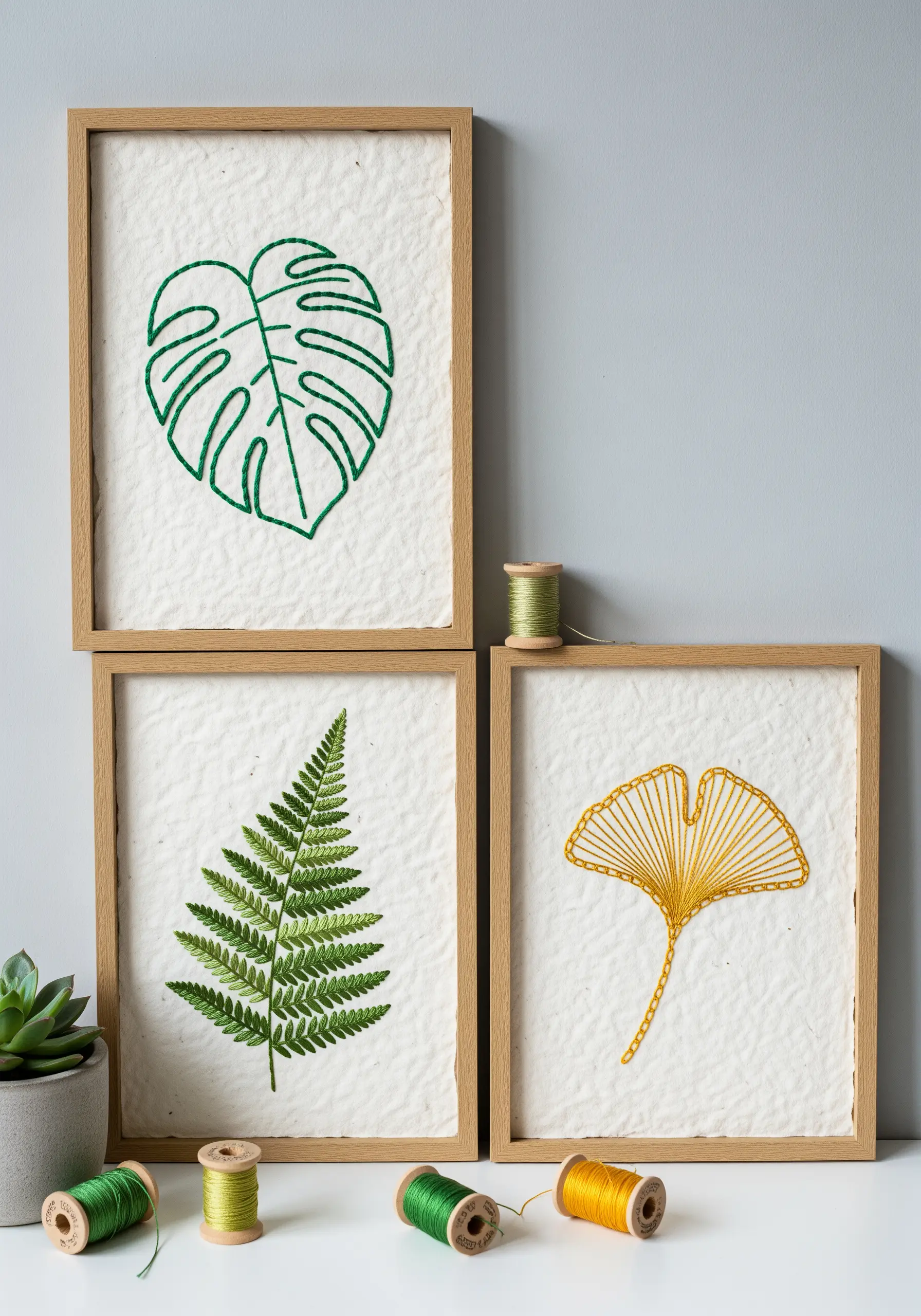 Three framed embroidery pieces on textured paper, each featuring a different stitched leaf.