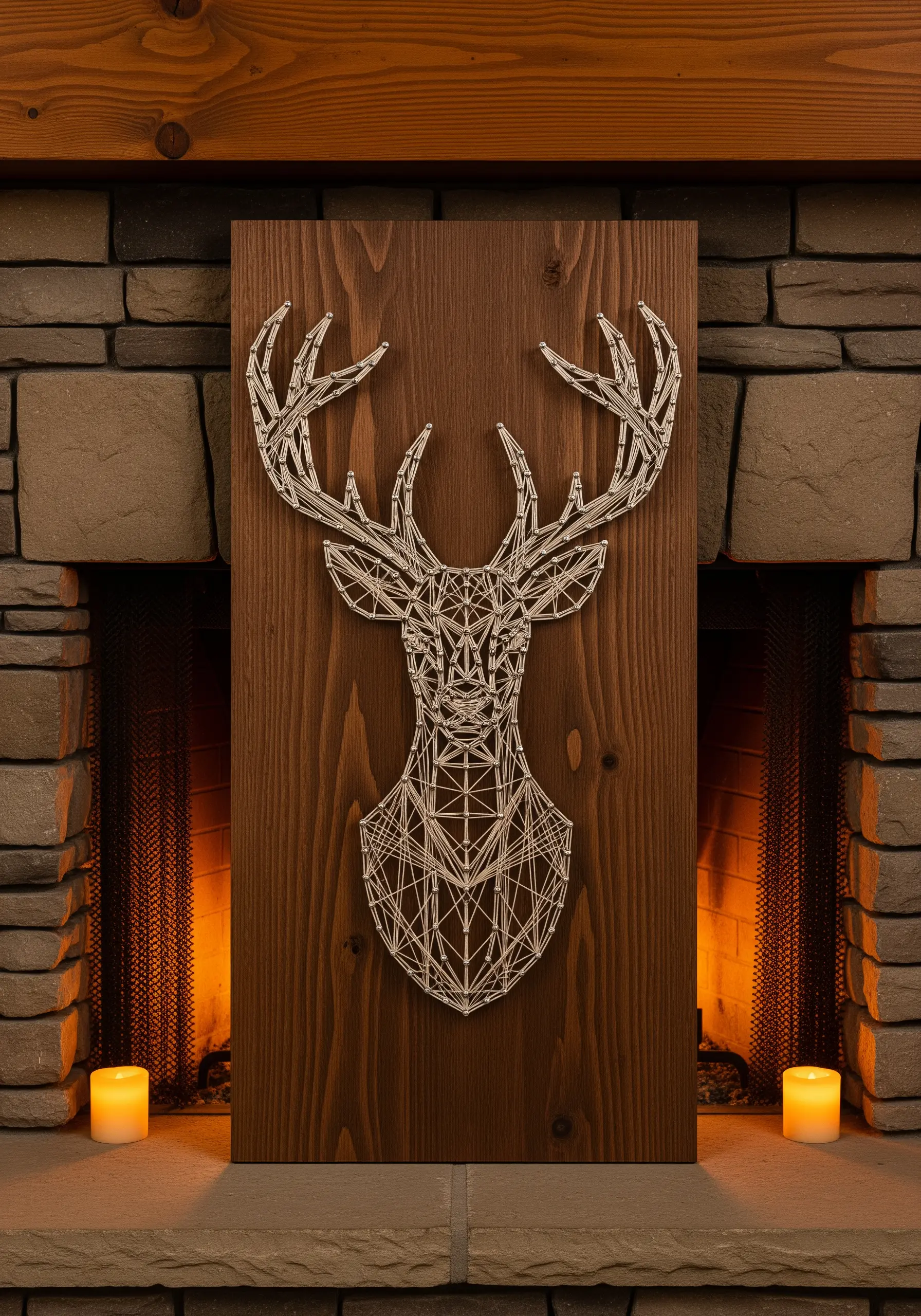A geometric string art deer head made with white thread on a dark, vertical wood panel.