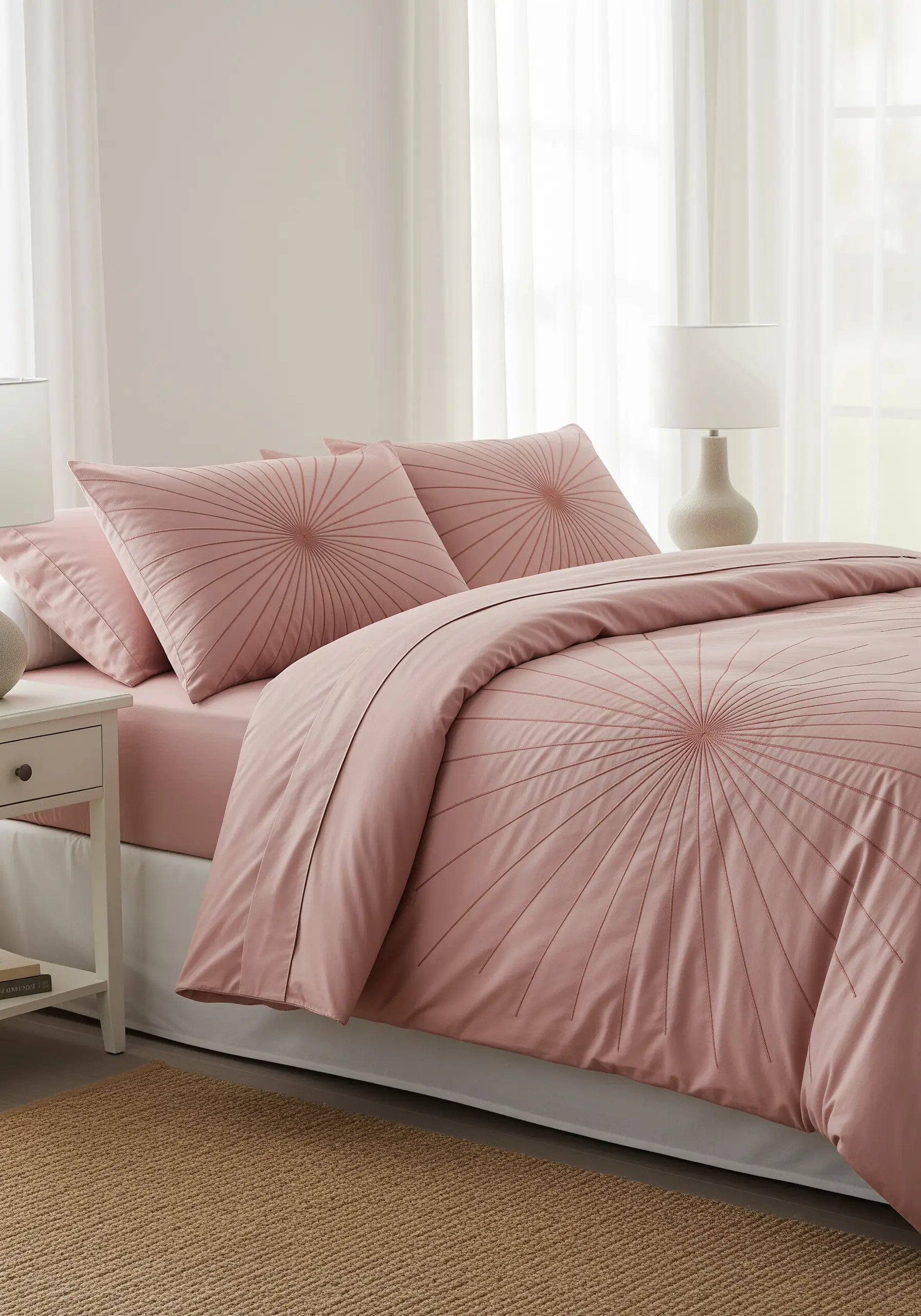 Radiating straight stitches forming a sunburst pattern on pink pillowcases.