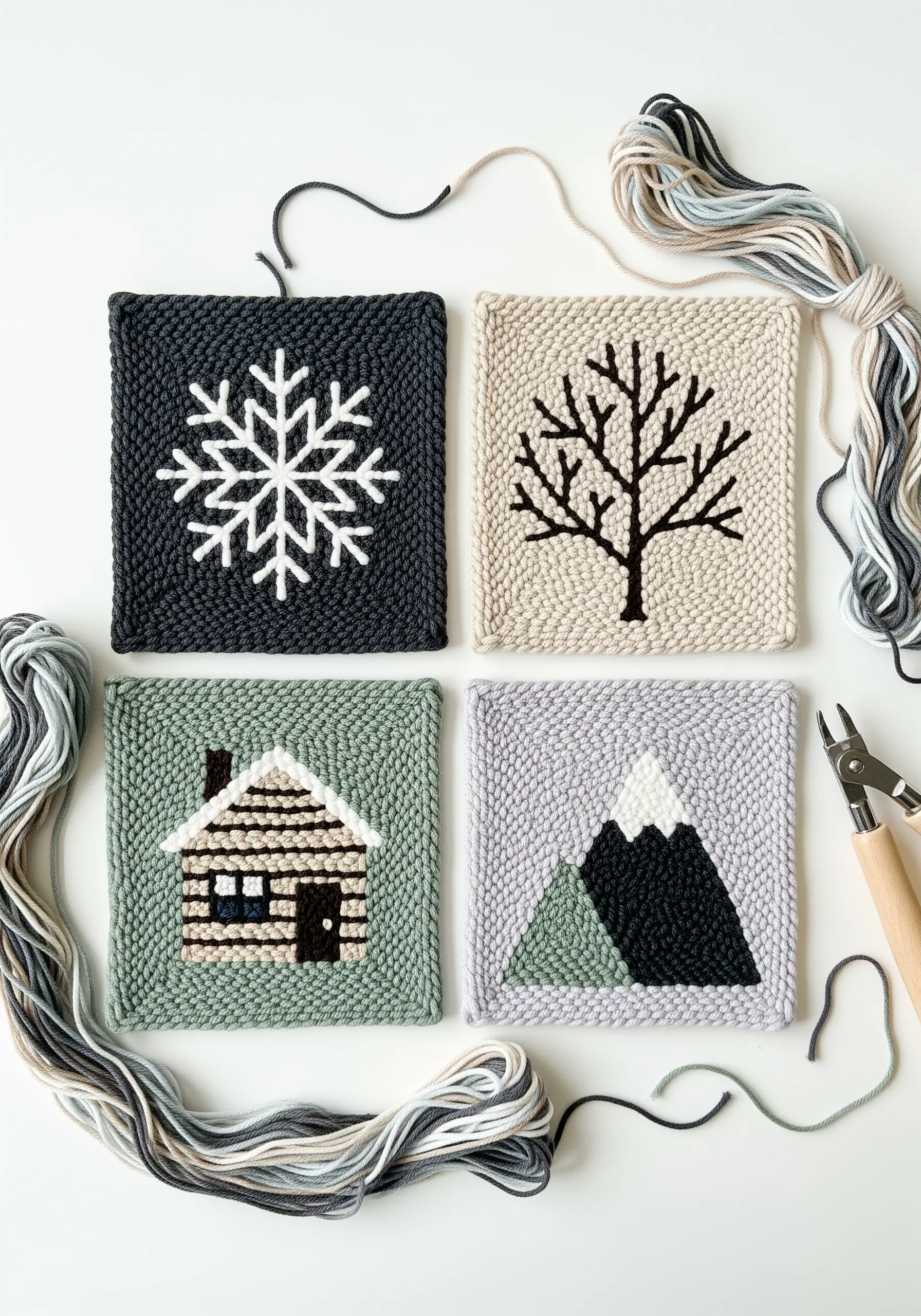 Four punch needle coasters with winter motifs: snowflake, bare tree, cabin, and mountain.