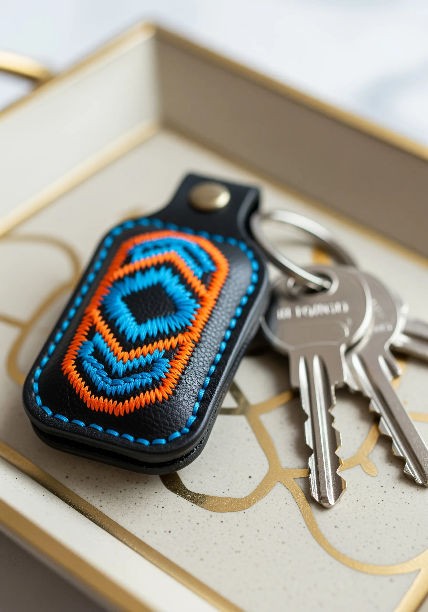 A black faux leather keychain with a bold, geometric pattern in blue and orange satin stitch.