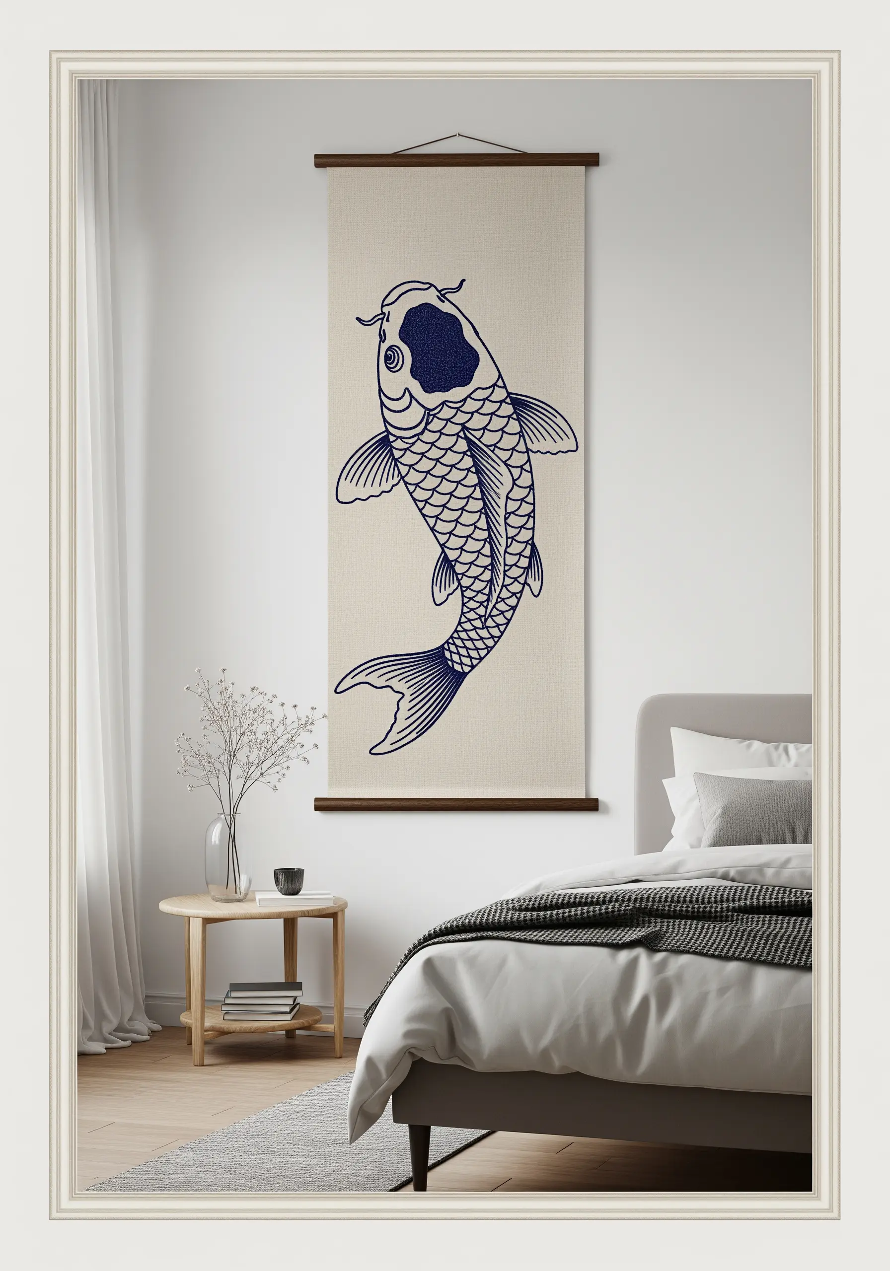 A Japanese Koi fish embroidered on a wall hanging, with solid and line-work details.