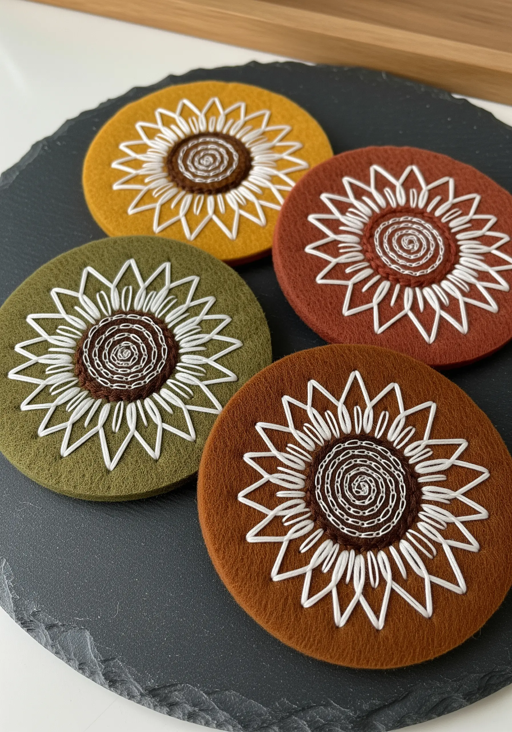Set of four felt coasters in earthy tones with graphic, white-thread sunflower embroidery.