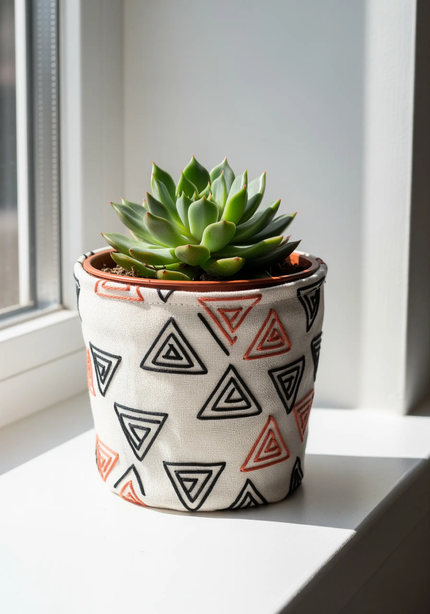 A fabric pot cover decorated with a hand-embroidered geometric triangle pattern.